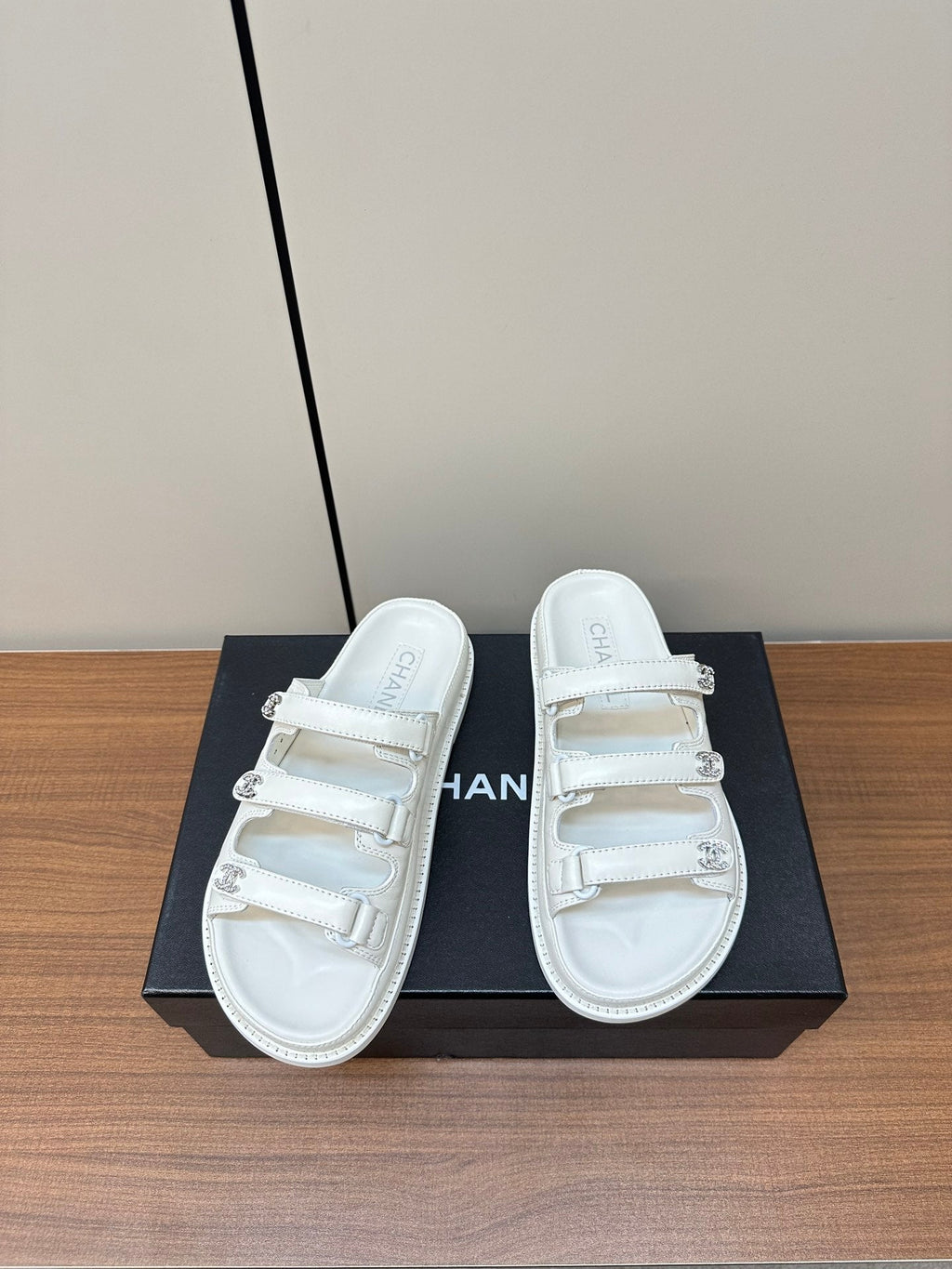 CHANEL dad sandals white 3 rows lambskin mules