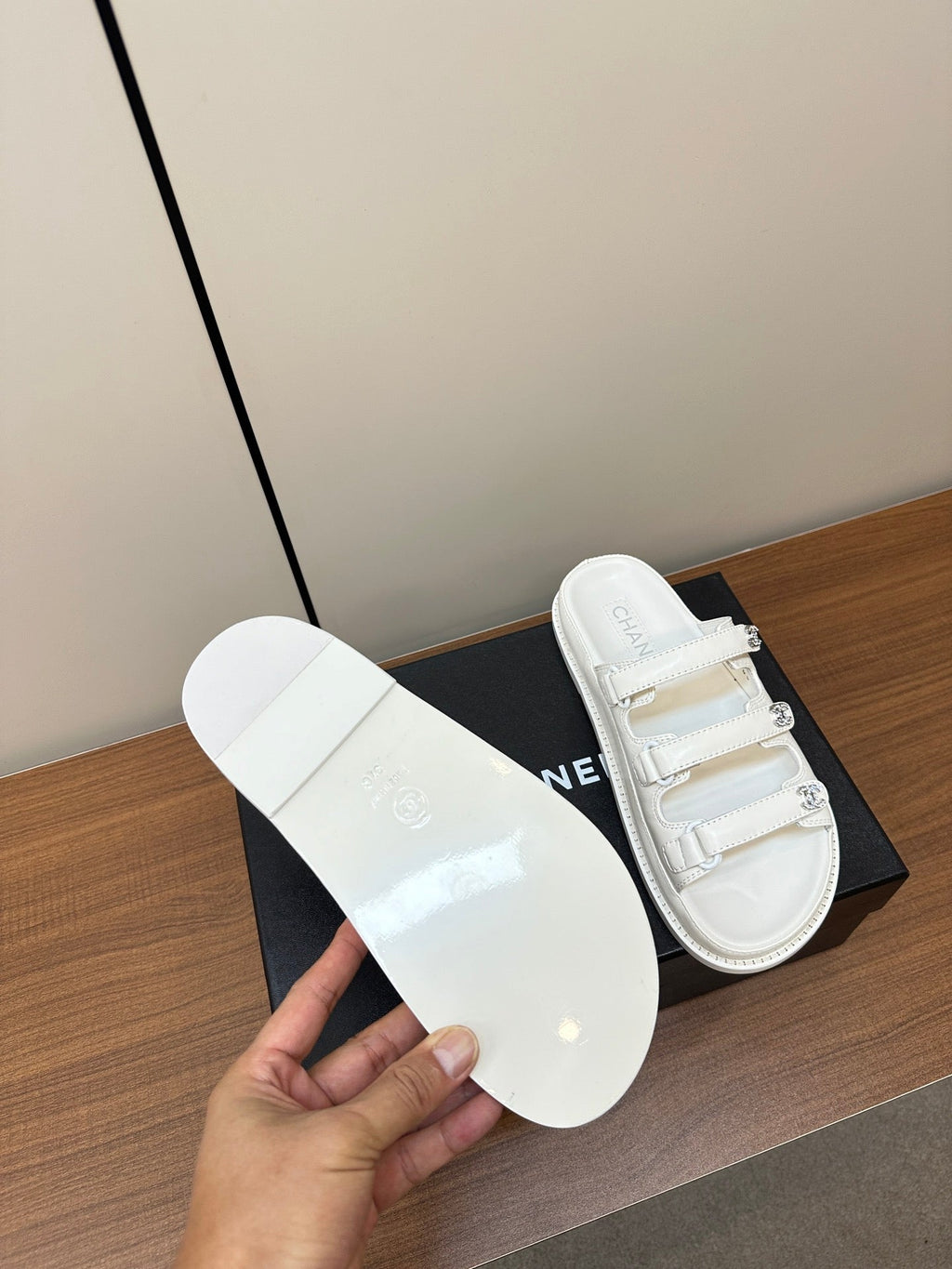 CHANEL dad sandals white 3 rows lambskin mules