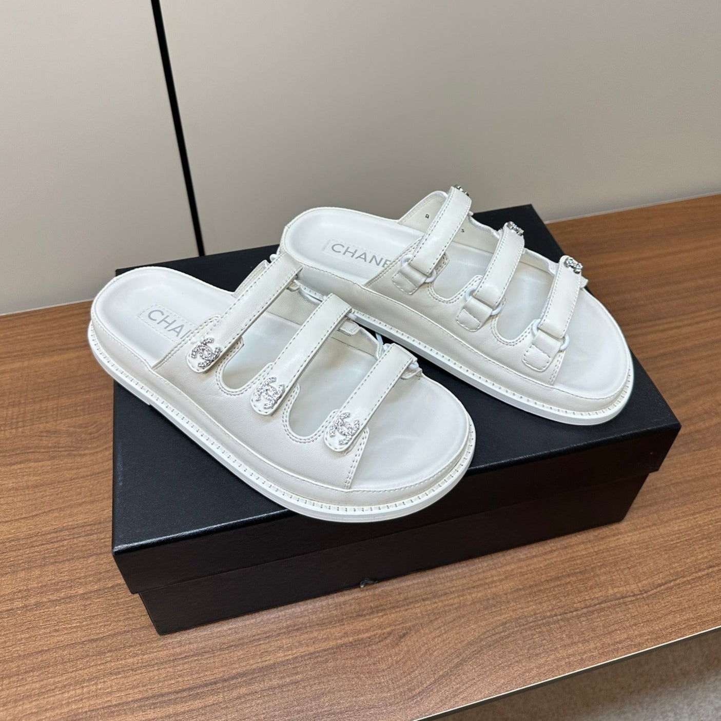 CHANEL dad sandals white 3 rows lambskin mules