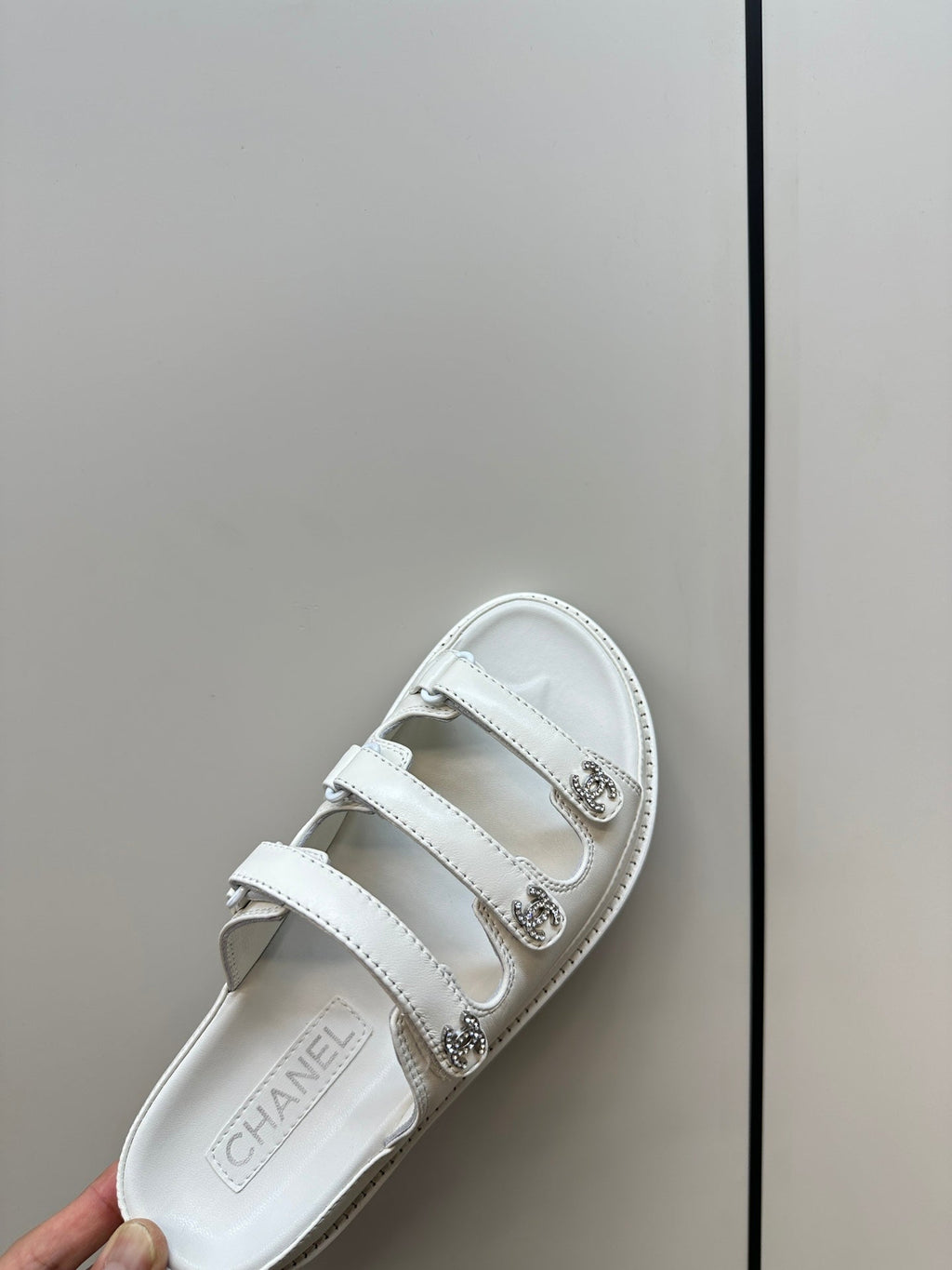 CHANEL dad sandals white 3 rows lambskin mules