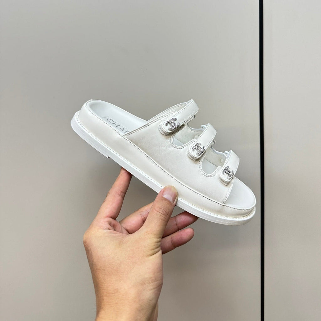 CHANEL dad sandals white 3 rows lambskin mules