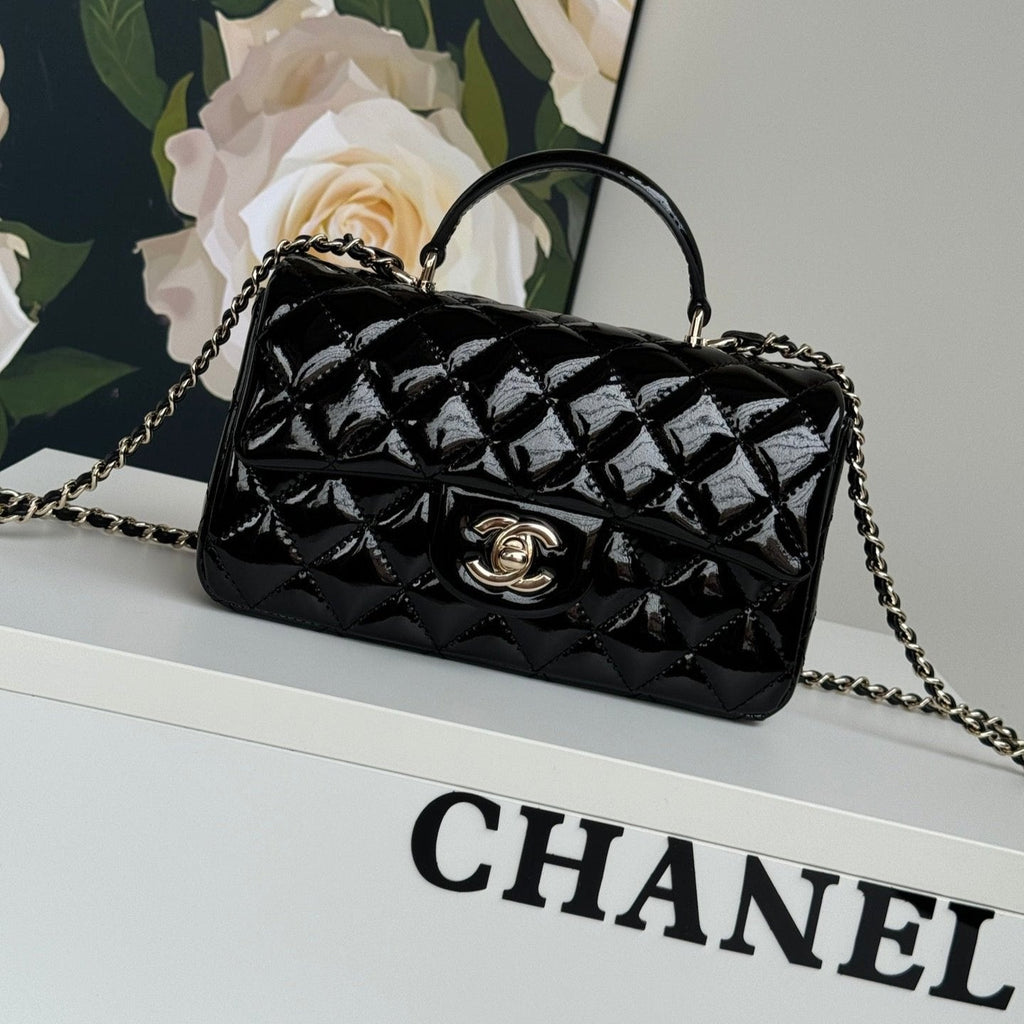 CHANEL MINI FLAP BAG 20 IN BLACK GLOSSY CALFSKIN GOLD HARDWARE
