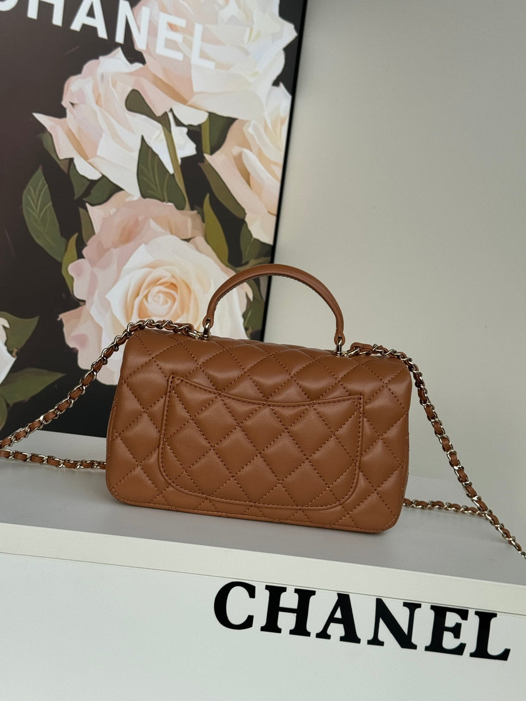 CHANEL FLAP BAG 20 IN BRONZE BROWN LAMBSKIN WITH HANDLE- NEW