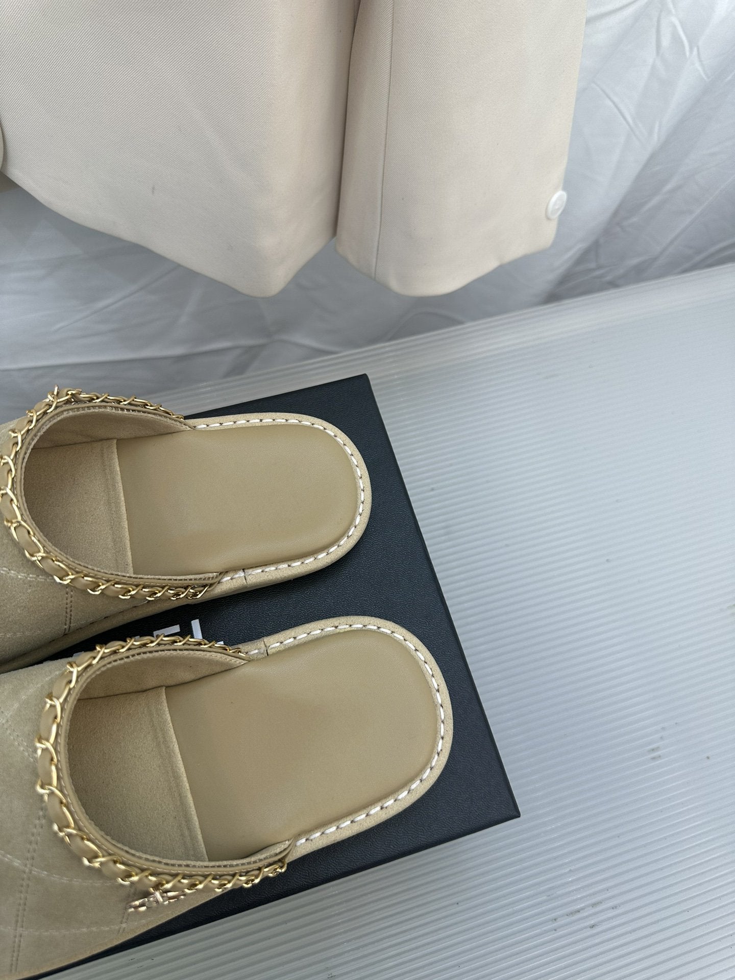 CHANEL Khaki Green Suede Gold Chain Mules