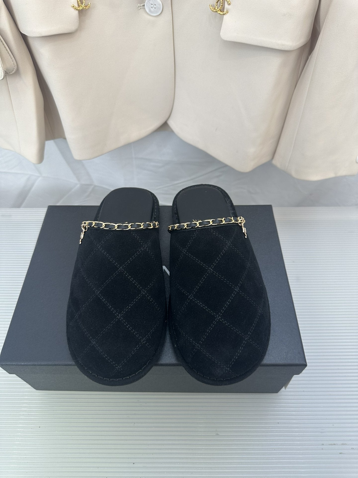CHANEL Black Suede Gold Chain Mules