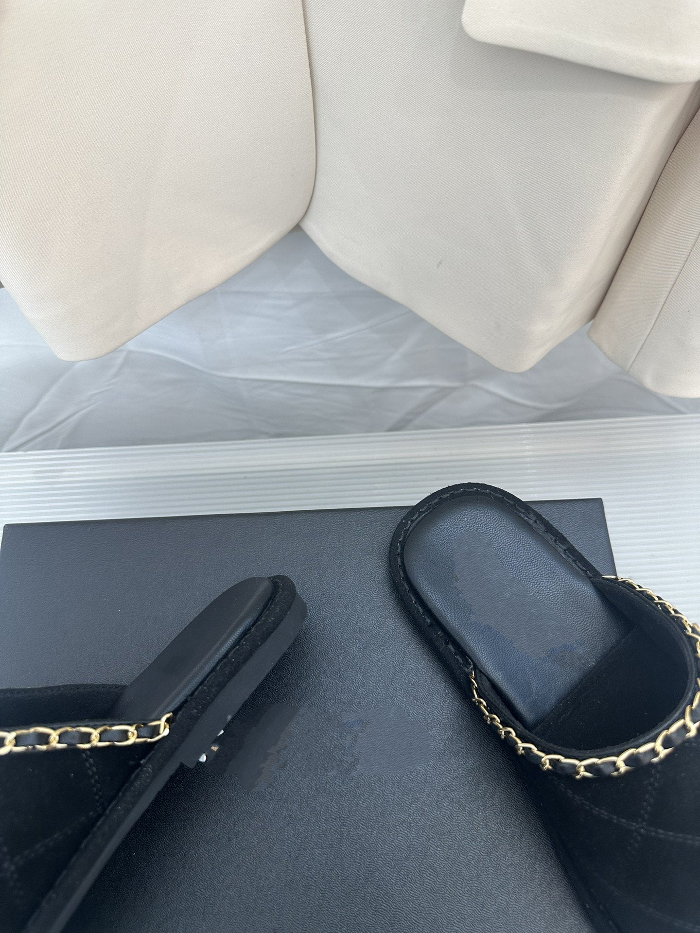 CHANEL Black Suede Gold Chain Mules