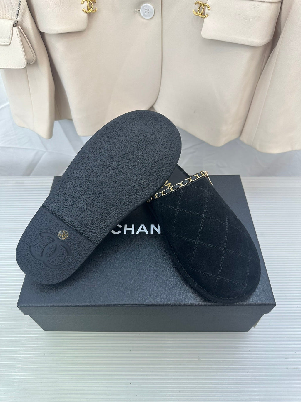 CHANEL Black Suede Gold Chain Mules