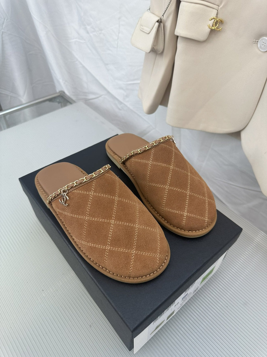 CHANEL Brown Suede Gold Chain Mules