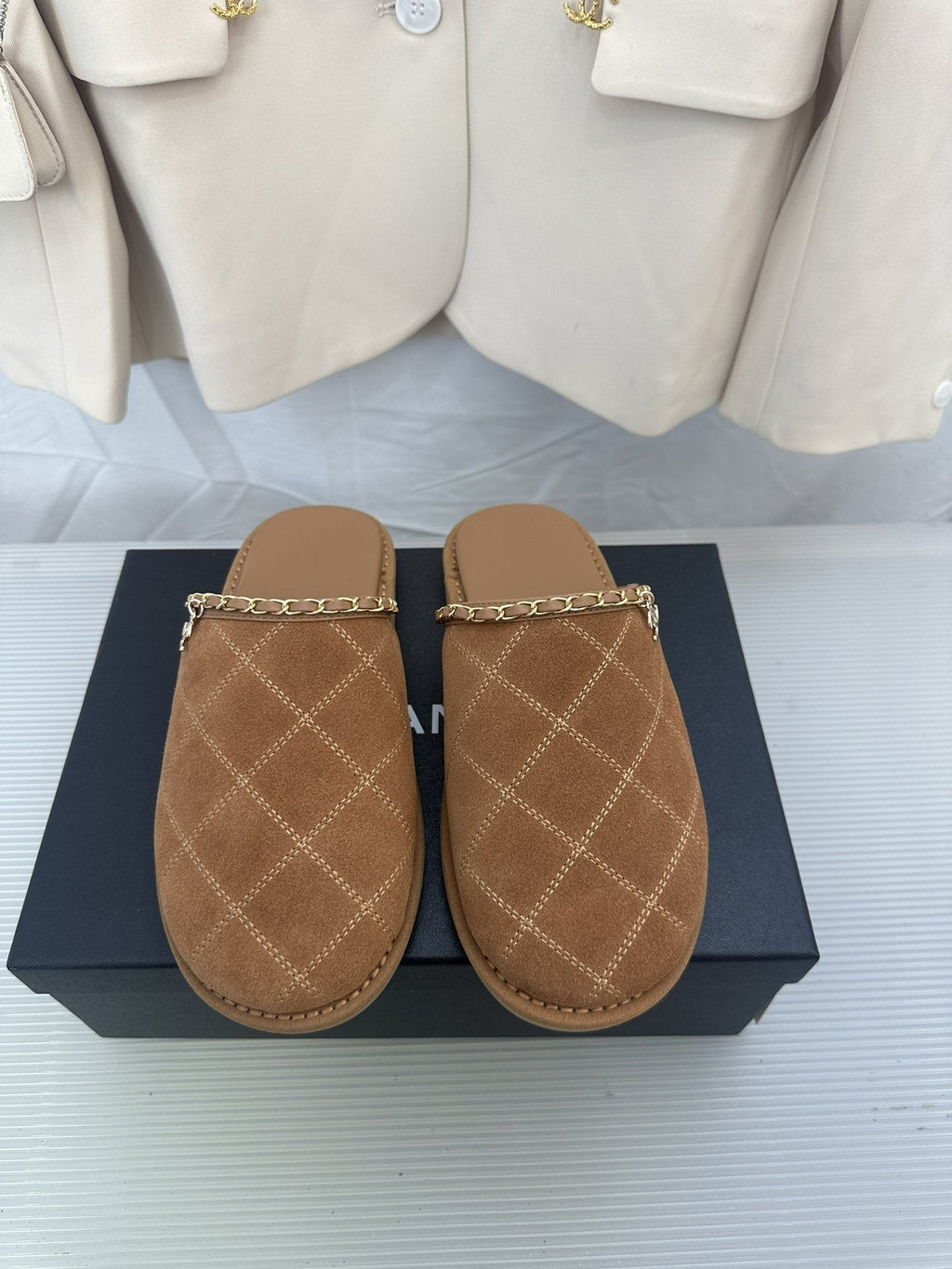 CHANEL Brown Suede Gold Chain Mules