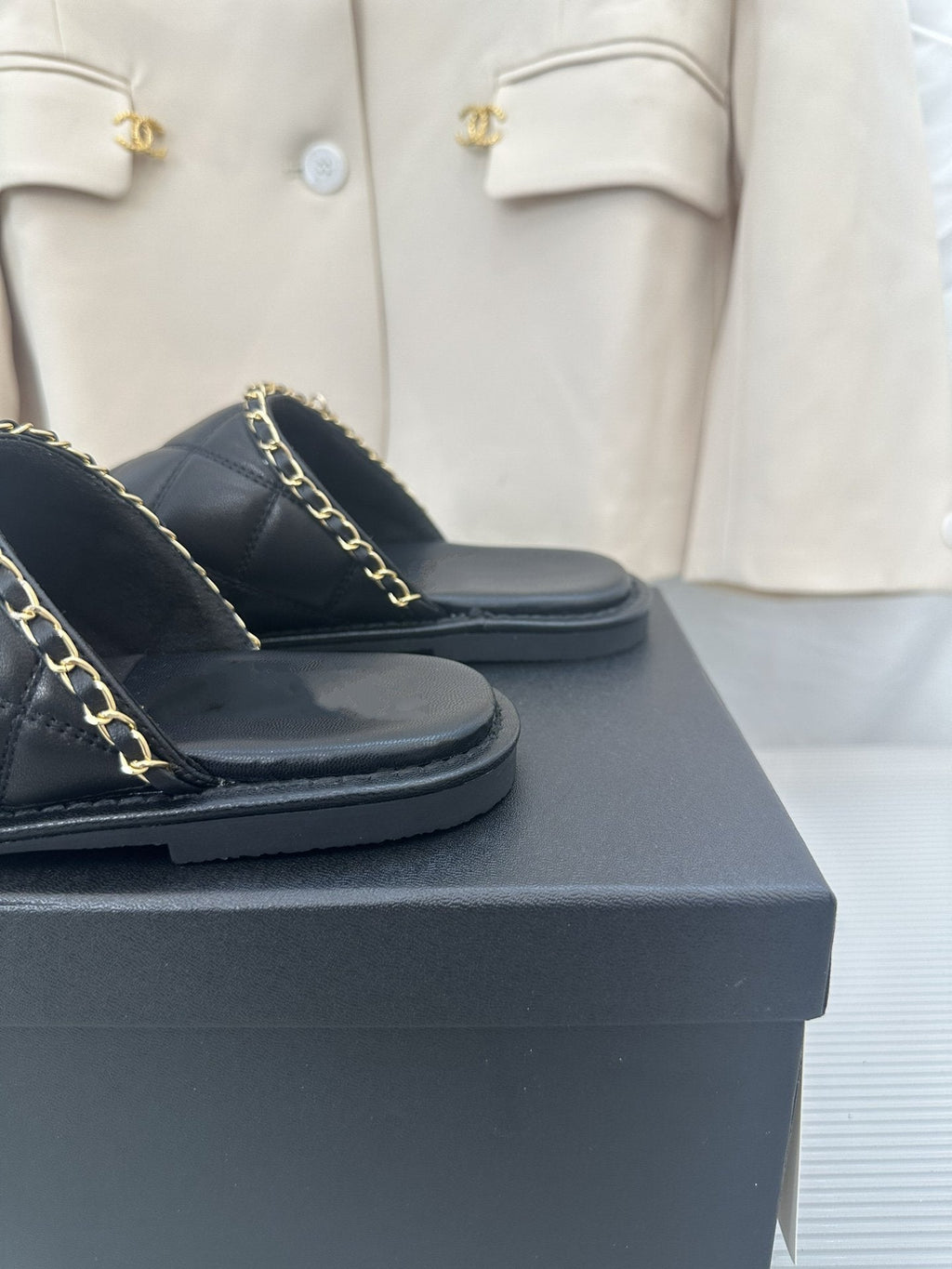 CHANEL Black Lambskin Gold Chain Mules