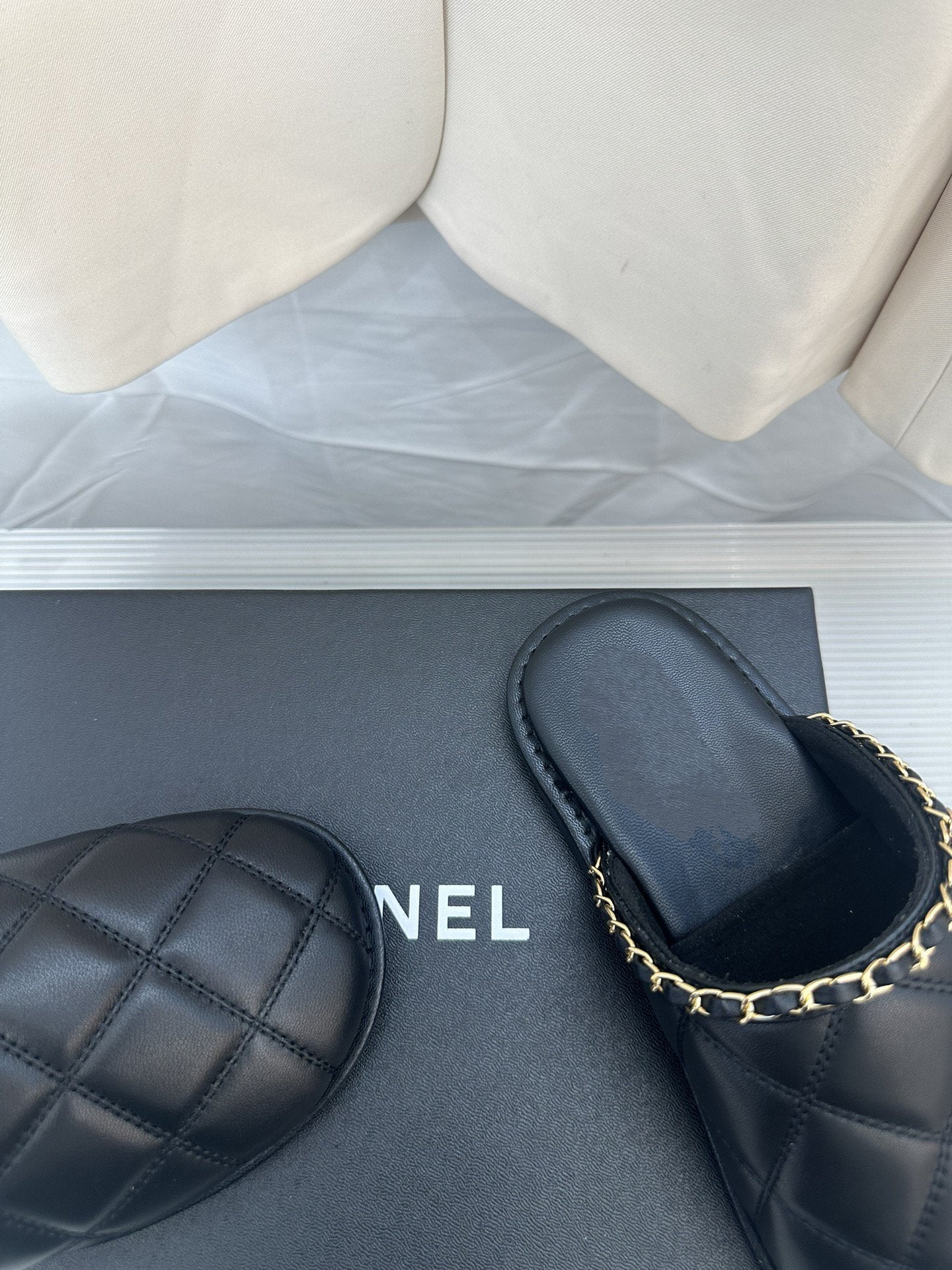 CHANEL Black Lambskin Gold Chain Mules