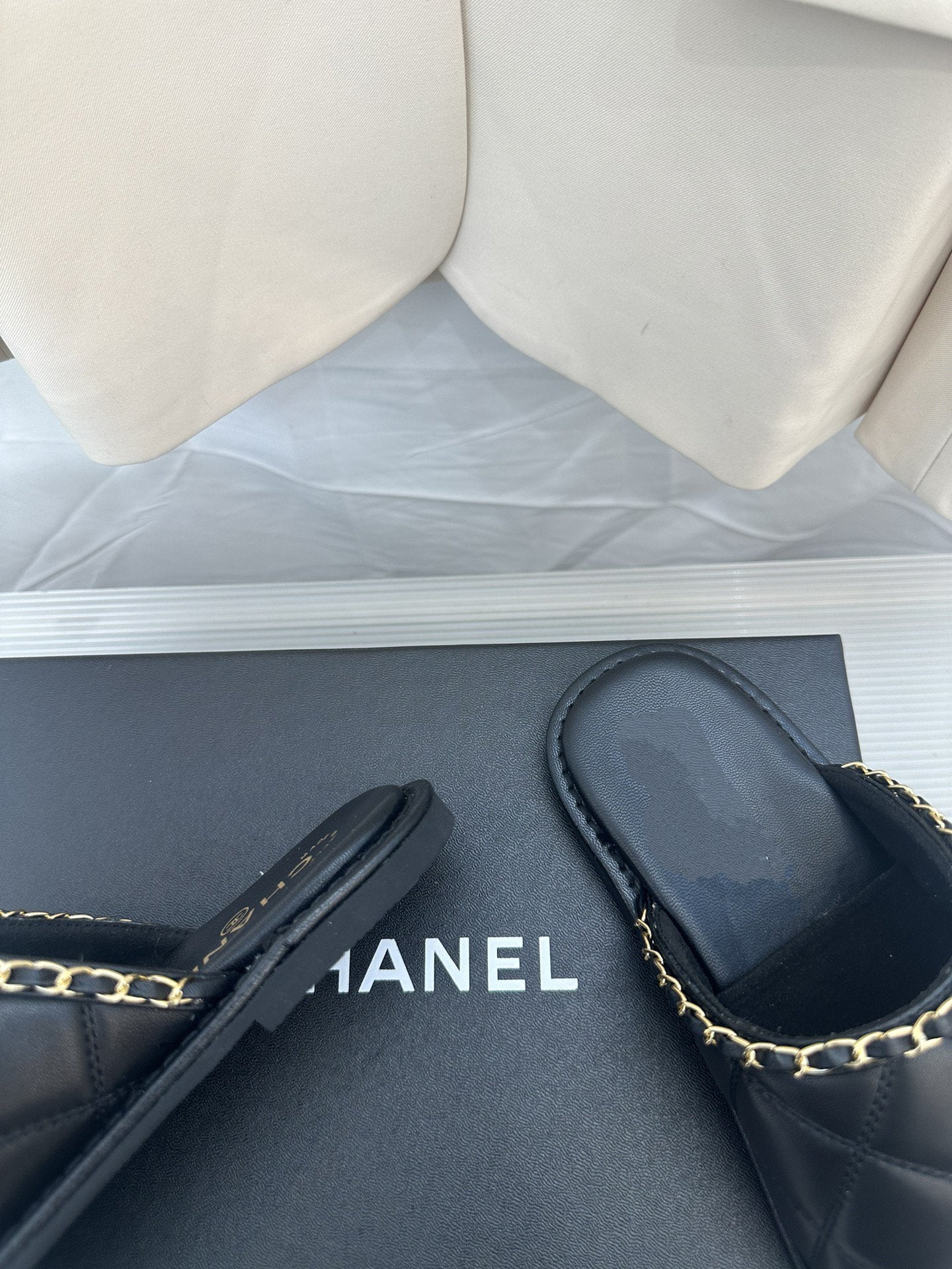 CHANEL Black Lambskin Gold Chain Mules