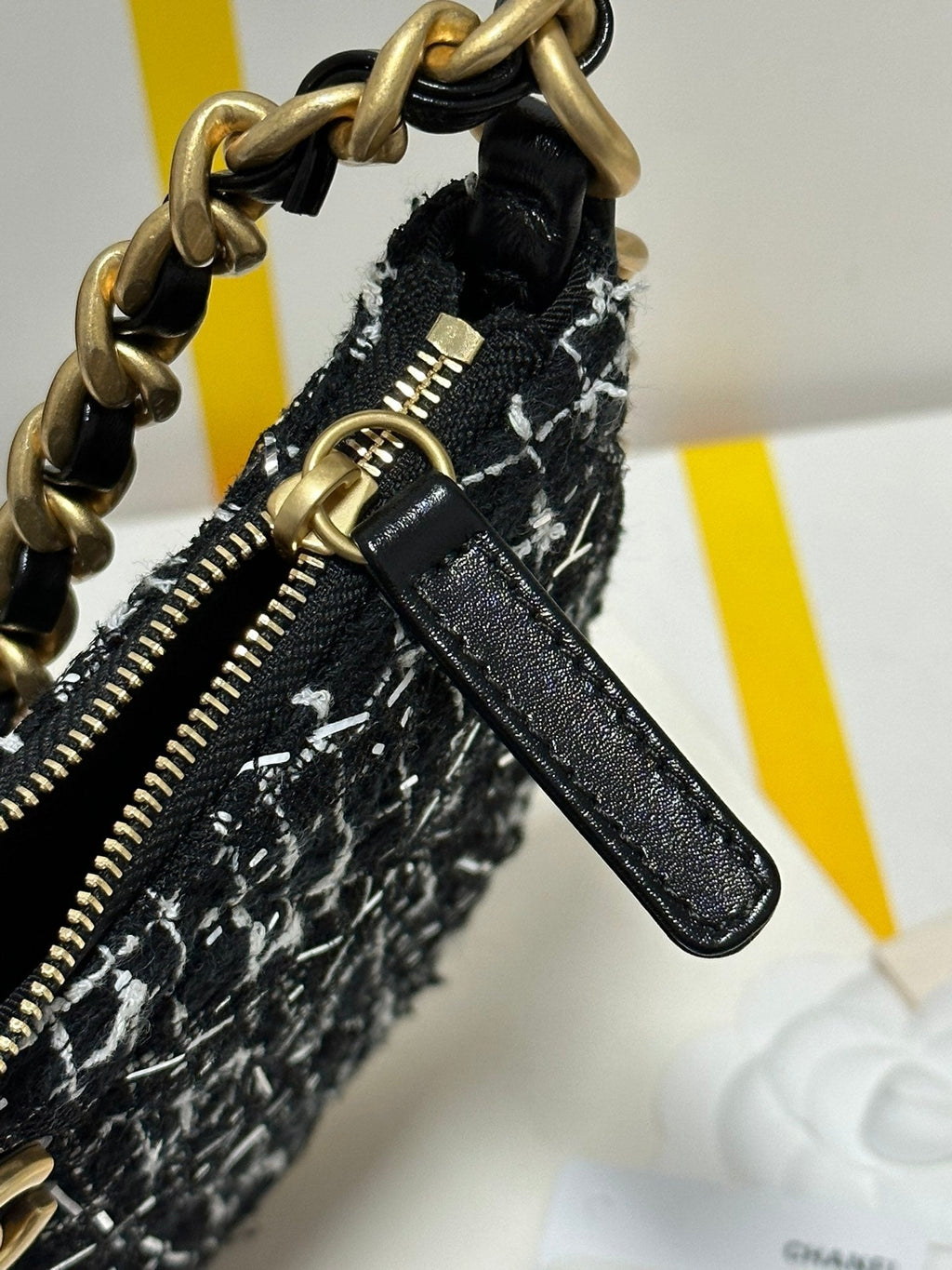 CHANEL HOBO BAG 23 IN BLACK MIX WHITE TWEED GOLD HARDWARE