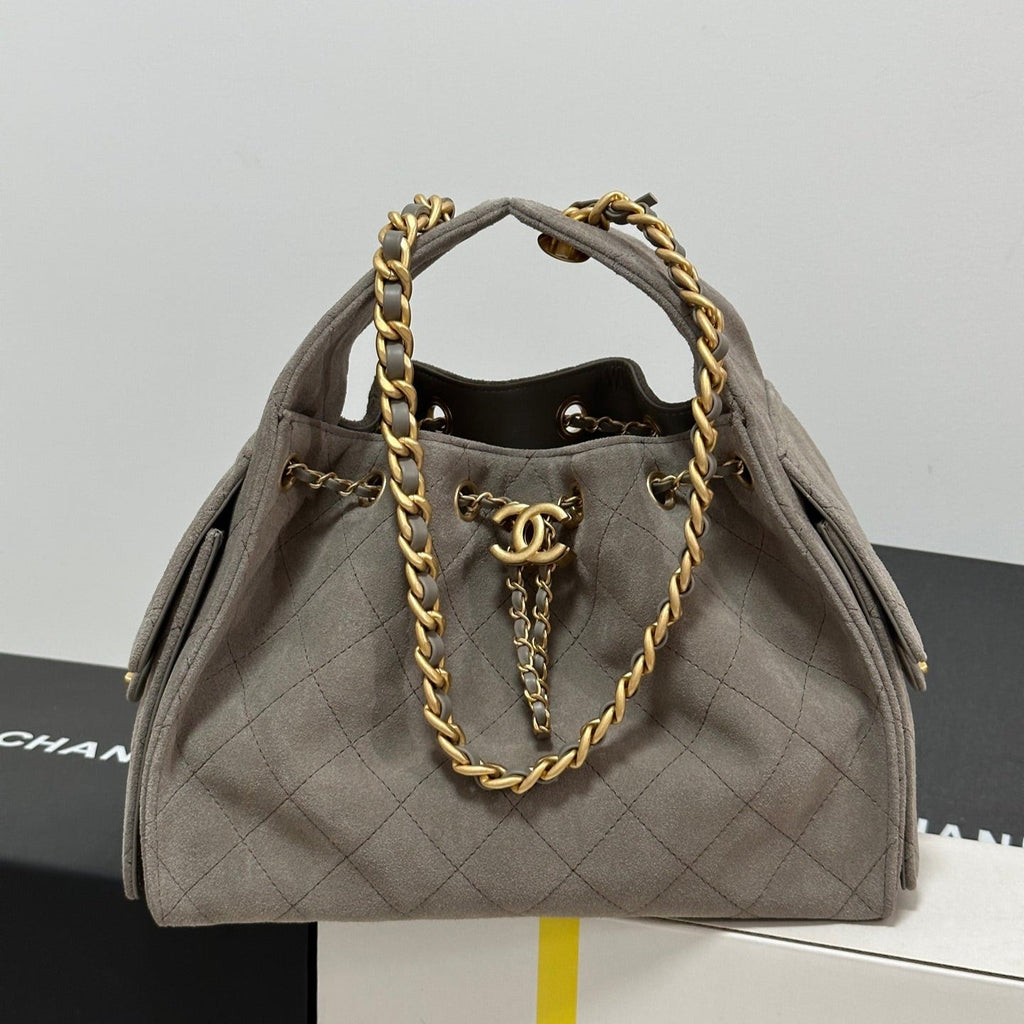 CHANEL 25 HANDBAG 30 IN NATURAL GREY SUEDE GOLD HARDWARE