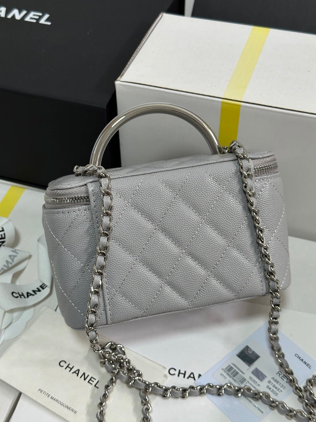 CHANEL MINI VANITY TOP HANDLE CASE 17 IN GREY CAVIAR SKIN SILVER-TONE PLATED METAL