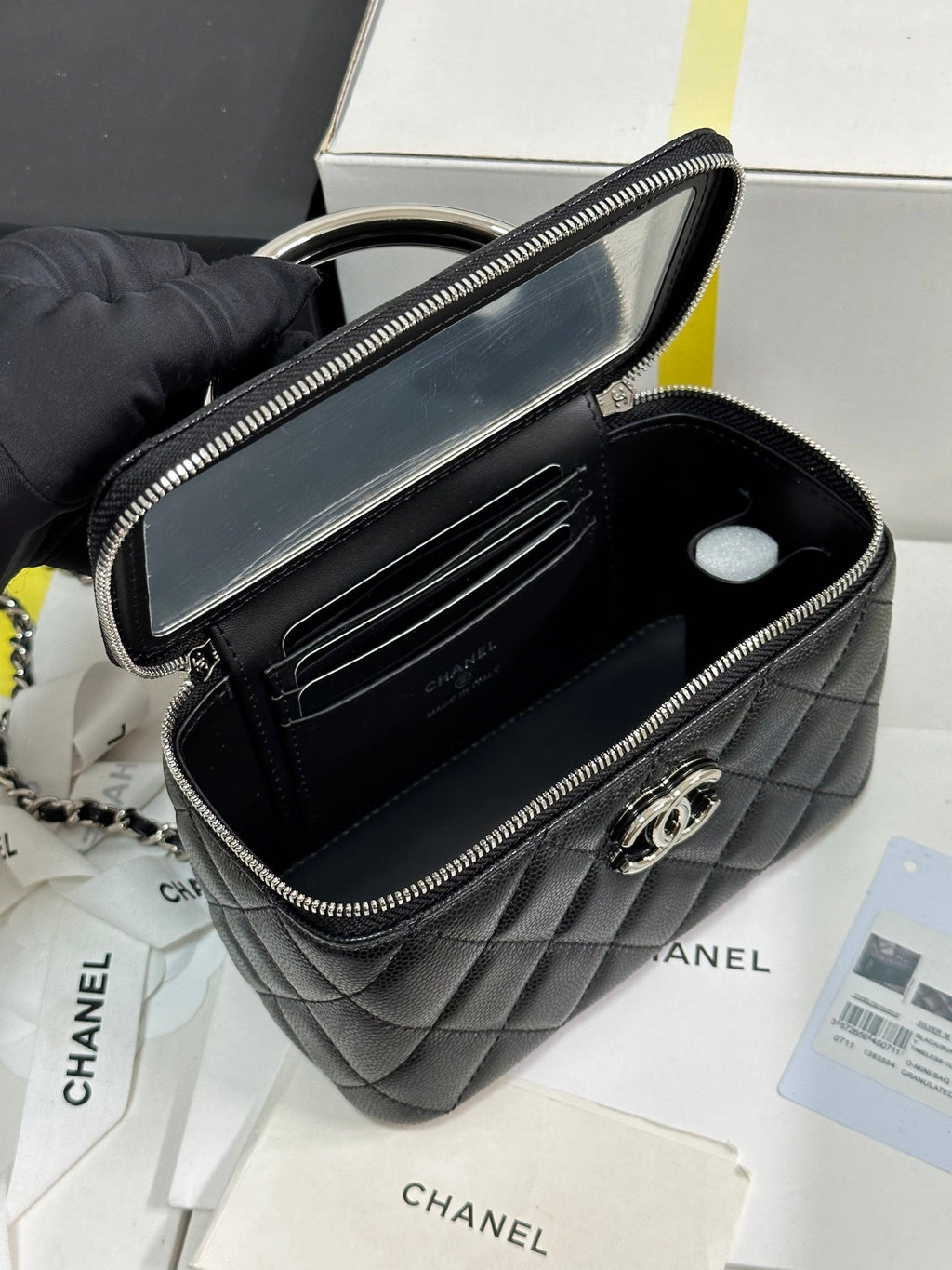 CHANEL MINI VANITY TOP HANDLE CASE 17 IN BLACK CAVIAR SKIN SILVER-TONE PLATED METAL