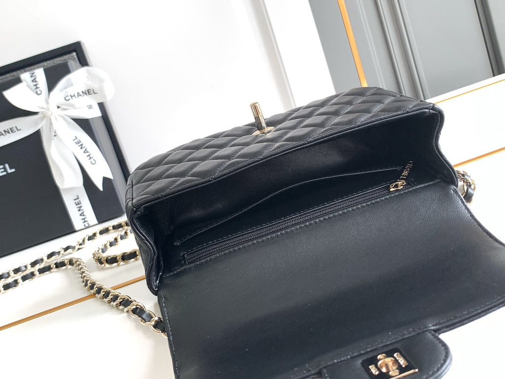CHANEL MINI 20 FLAP BAG IN BLACK CALFSKIN
