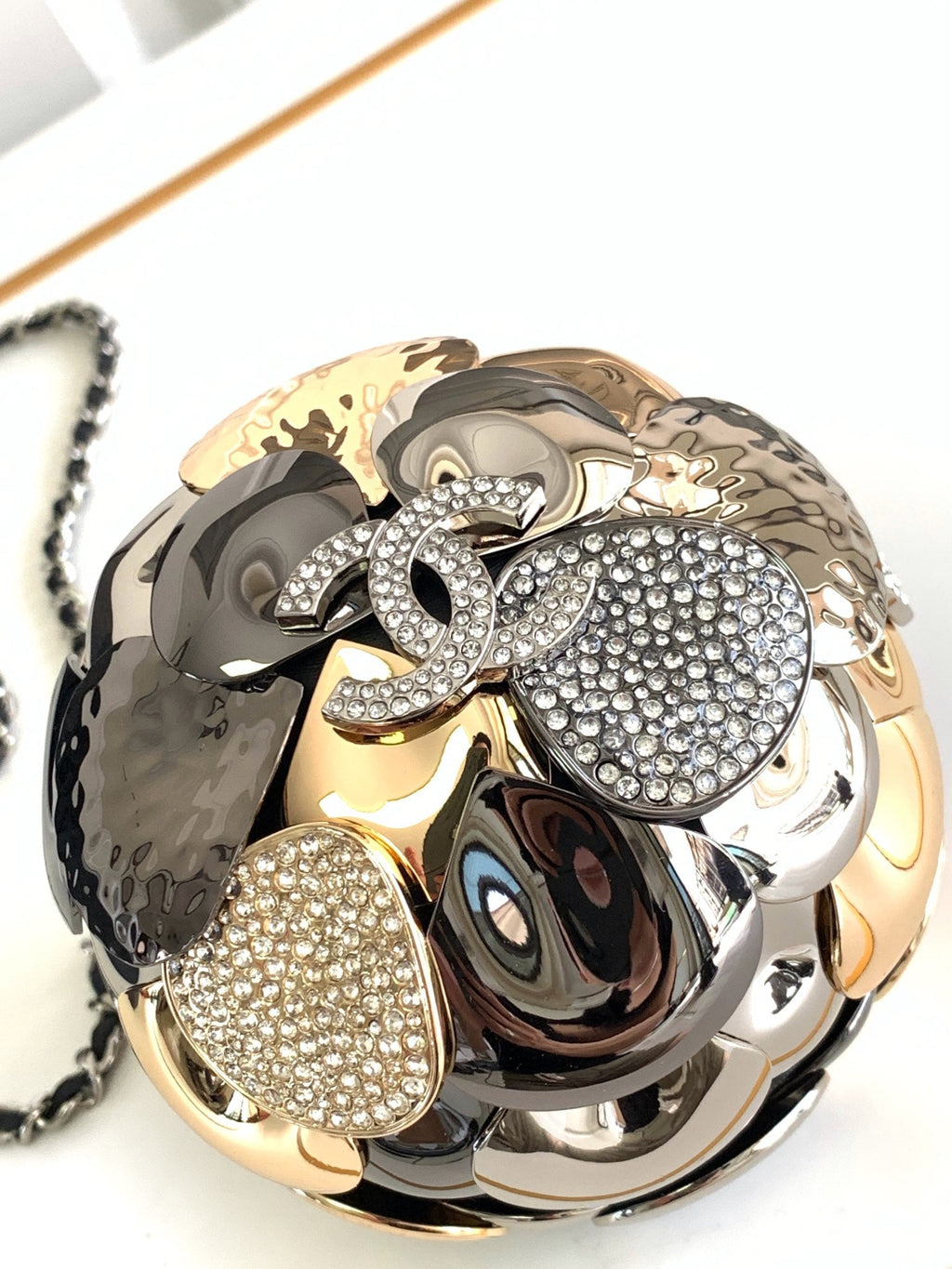 CHANEL EVENING BAG 9 GOLD SILVER RUTHENIUM METAL WITH CRYSTAL