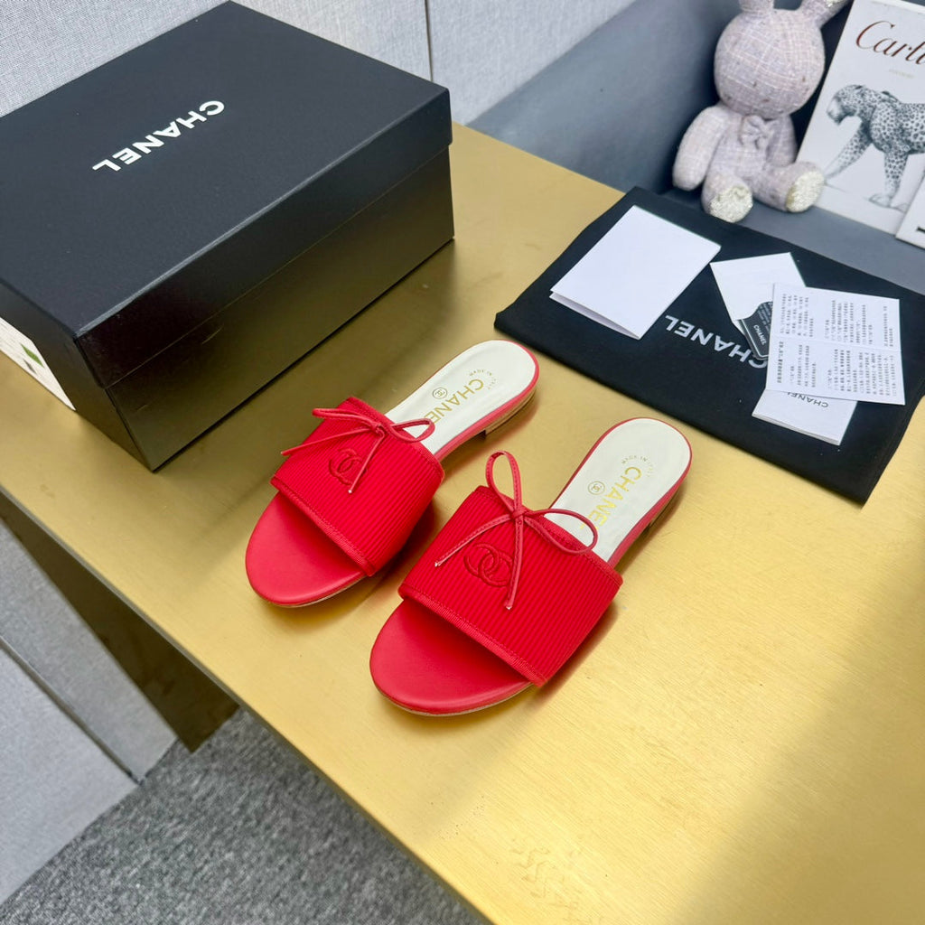CHANEL BOW SLIPPERS IN CANDY RED LAMBSKIN