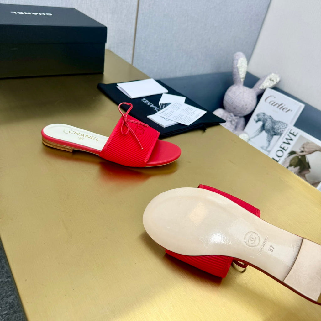 CHANEL BOW SLIPPERS IN CANDY RED LAMBSKIN