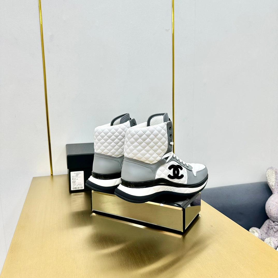 CHANEL ATHLETIC SHOES IN WHITE MIX ASH GRAY CALFSKIN