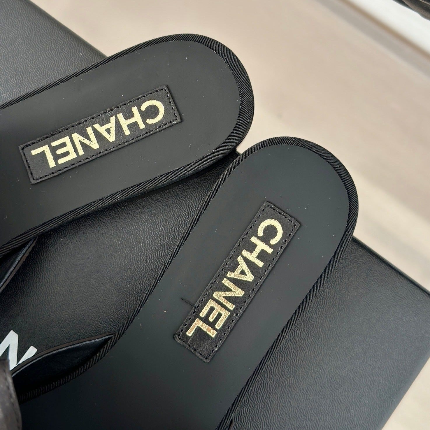 CHANEL Double  big bow flat sandals Sheepskin Black