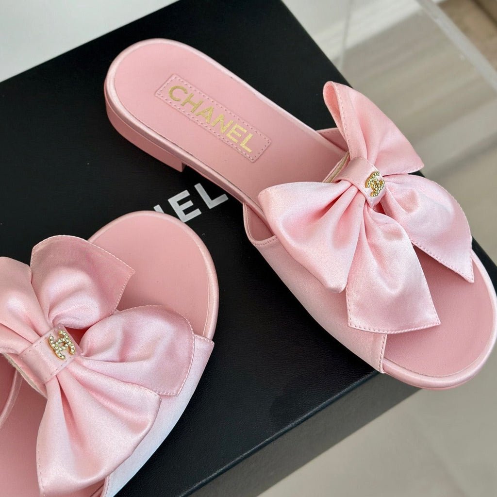 CHANEL Double  big bow flat sandals Sheepskin Light Pink