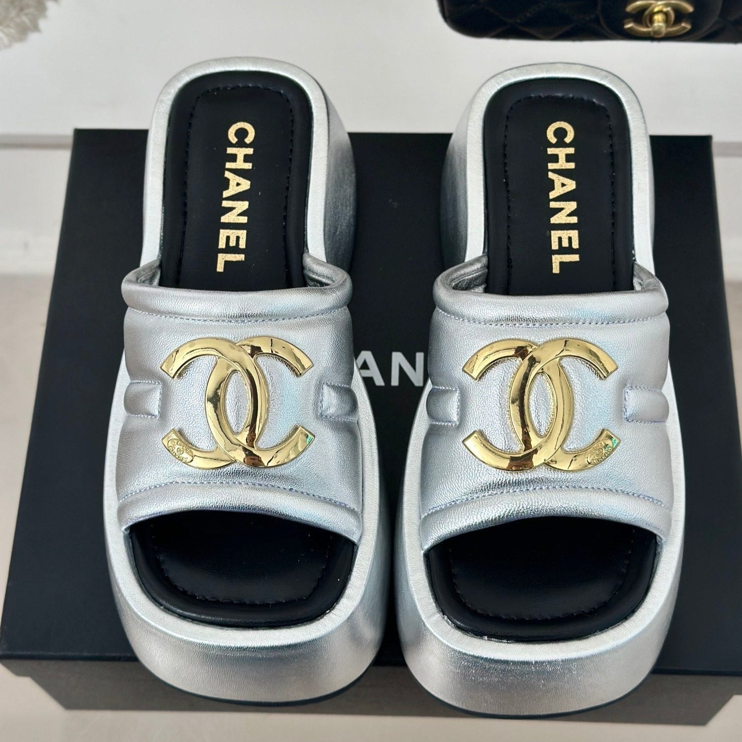 CHANEL Large Double C Platform Slippers Silver