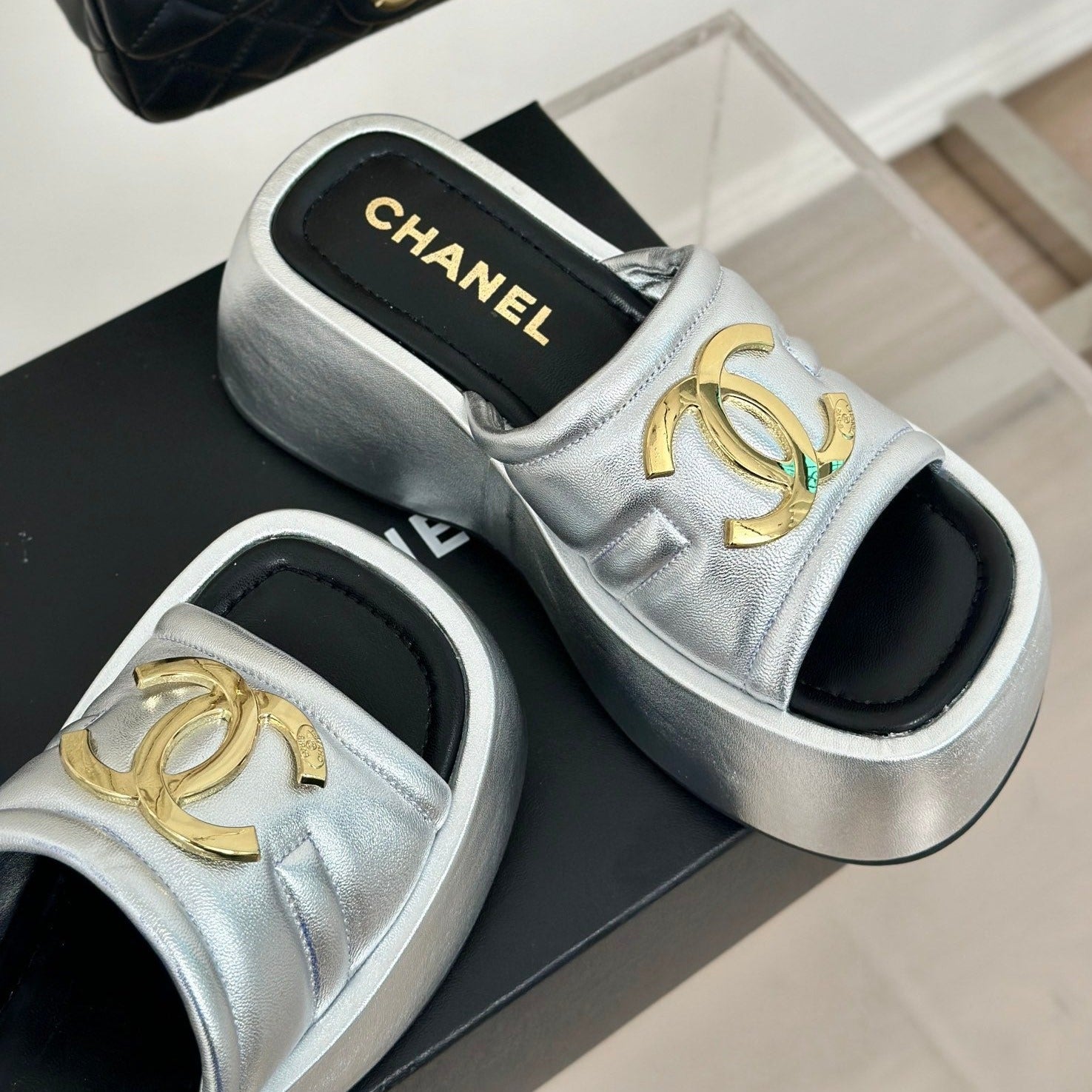 CHANEL Large Double C Platform Slippers Silver