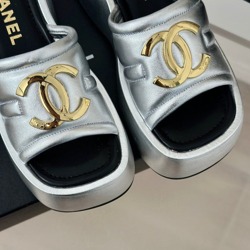 CHANEL Large Double C Platform Slippers Silver