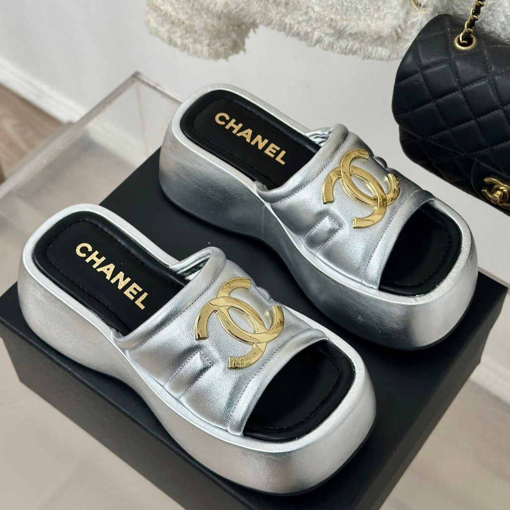 CHANEL Large Double C Platform Slippers Silver