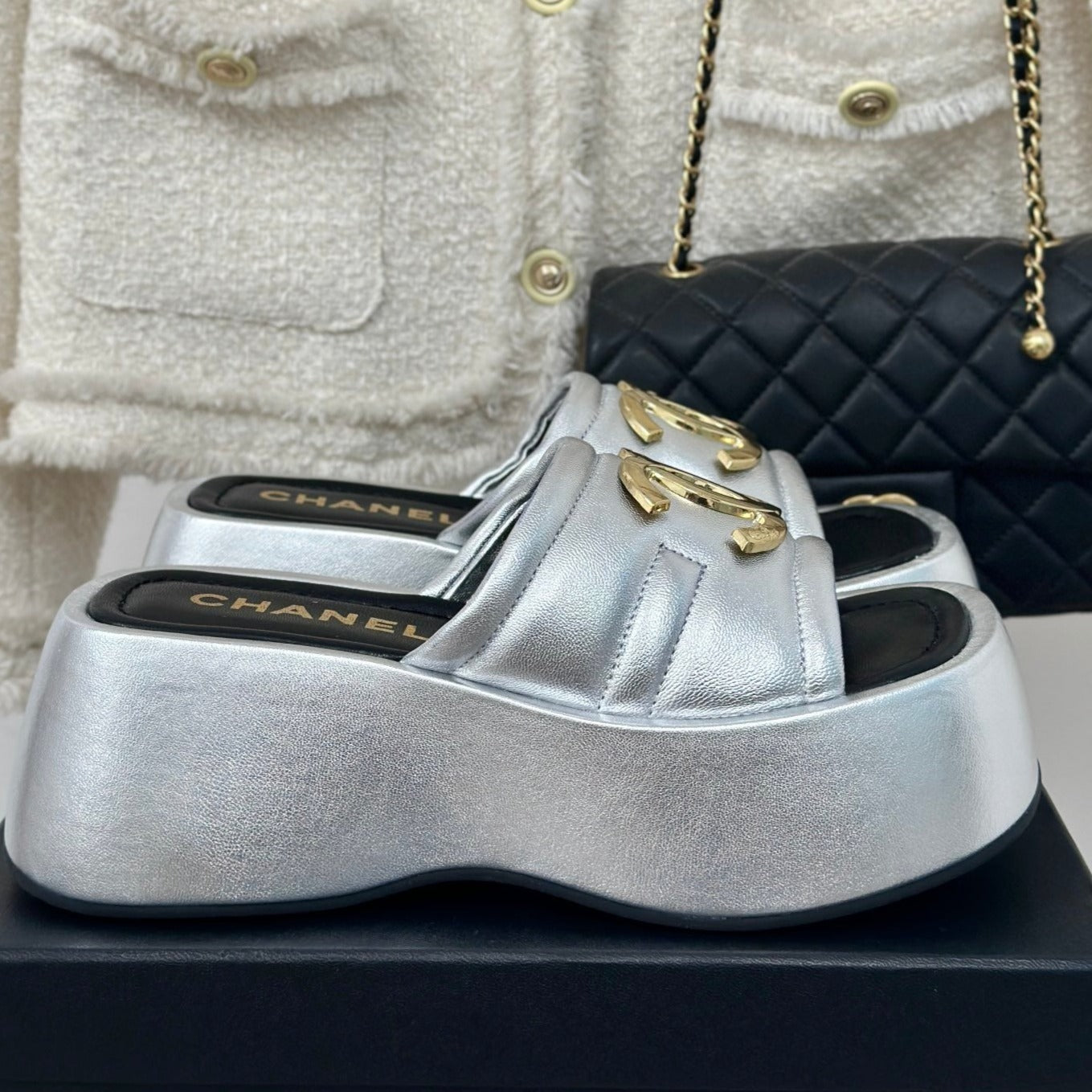 CHANEL Large Double C Platform Slippers Silver