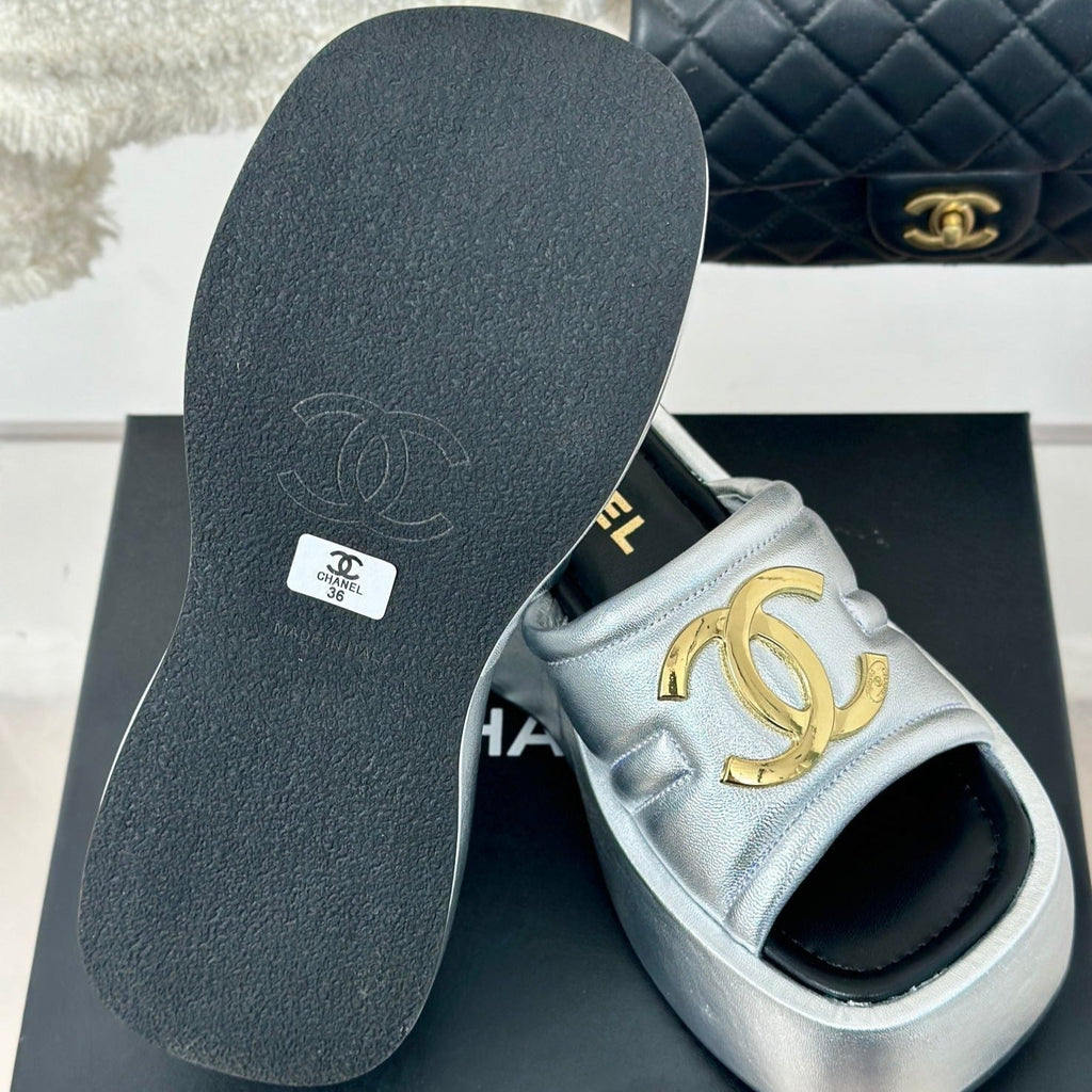 CHANEL Large Double C Platform Slippers Silver