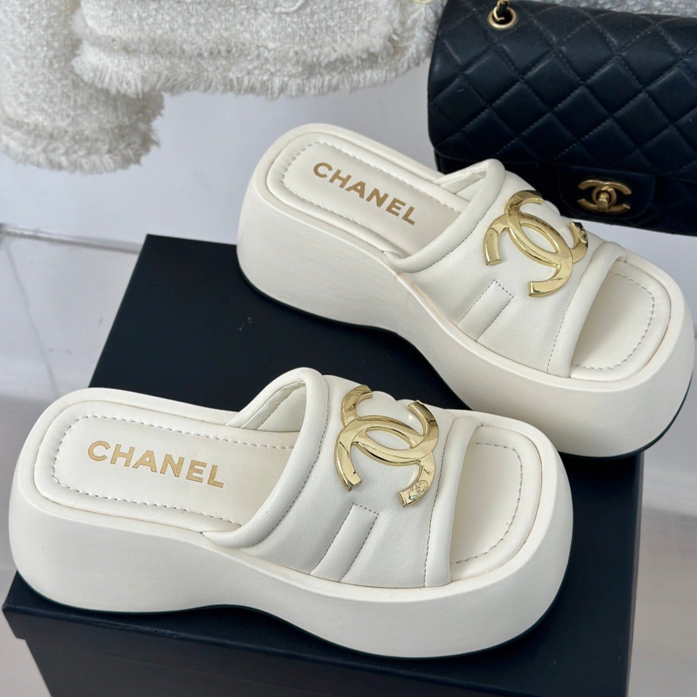 CHANEL Large Double C Platform Slippers White