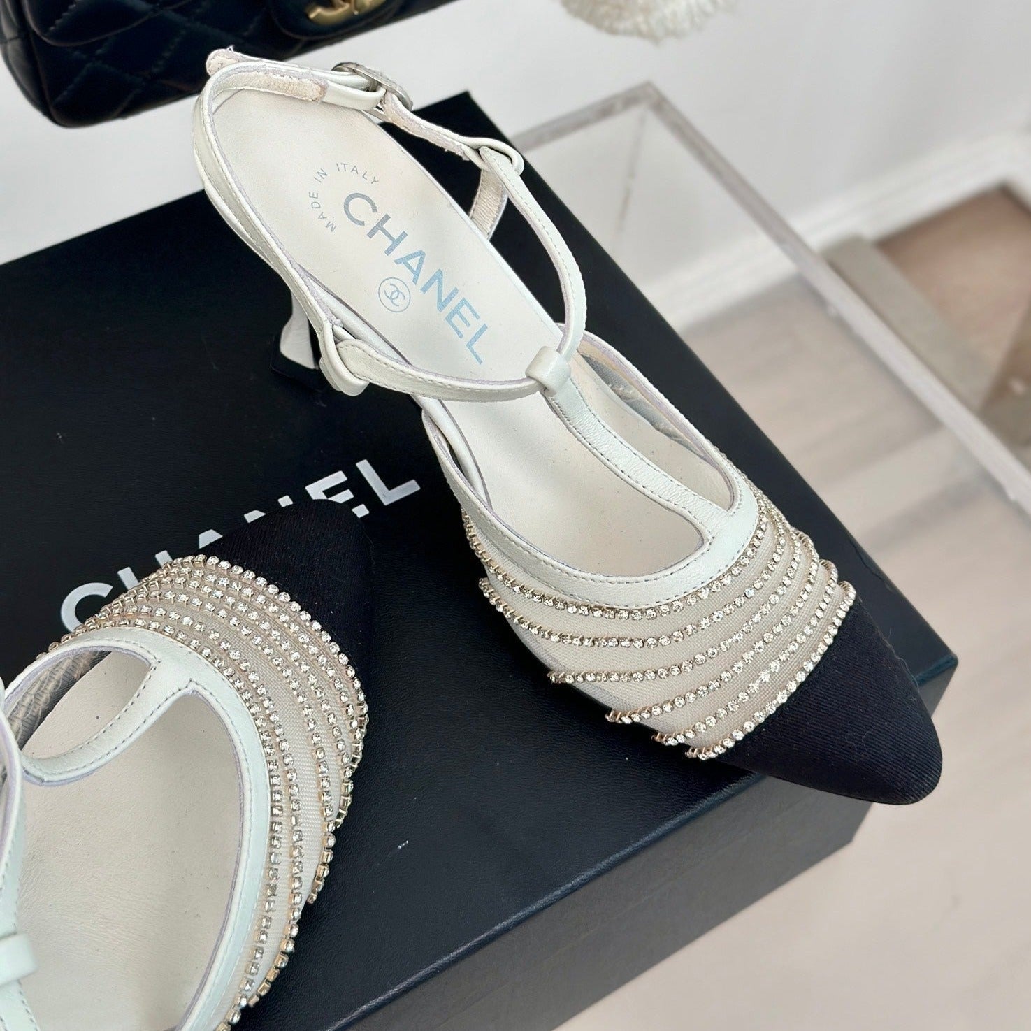 CHANEL Crystal Flat High Heel Sandals White