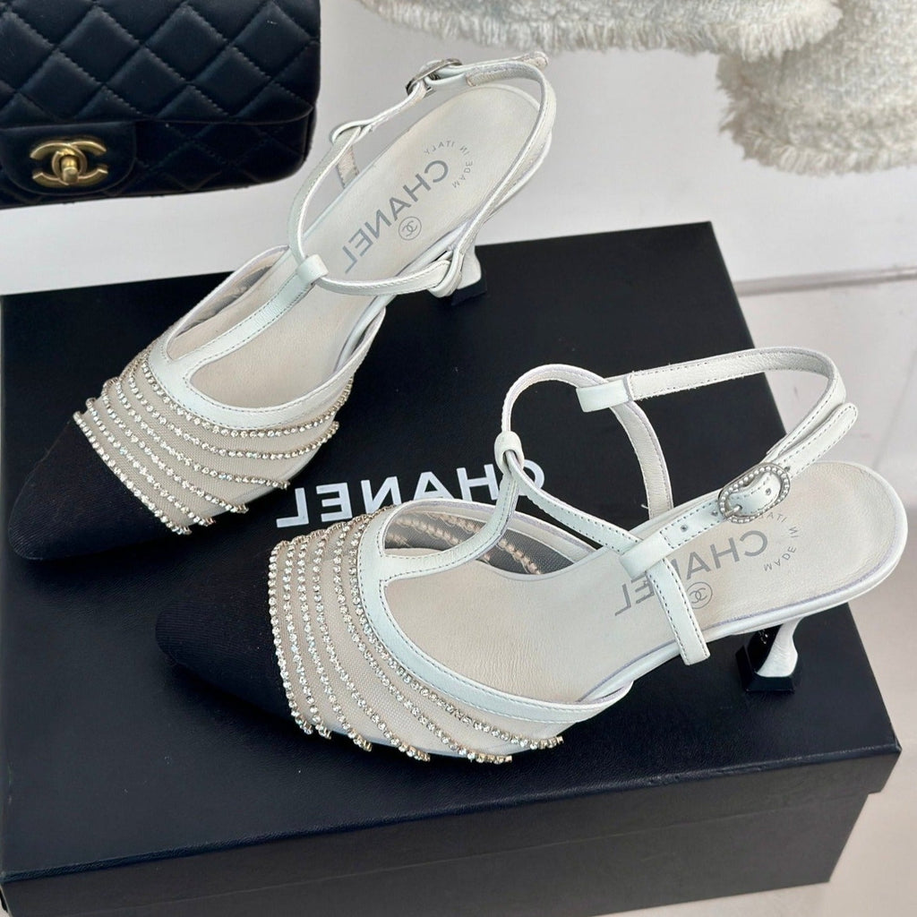 CHANEL Crystal Flat High Heel Sandals White