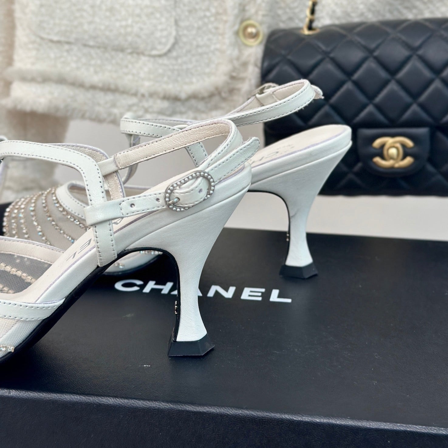 CHANEL Crystal Flat High Heel Sandals White