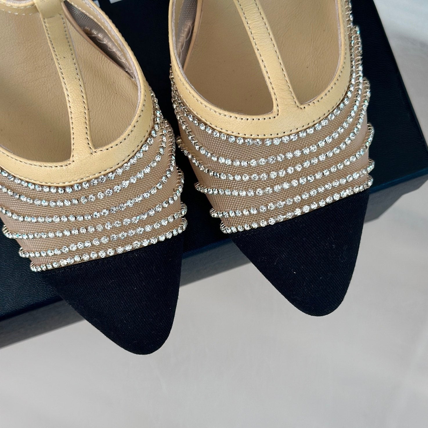 CHANEL Crystal Flat High Heel Sandals Beige Cream