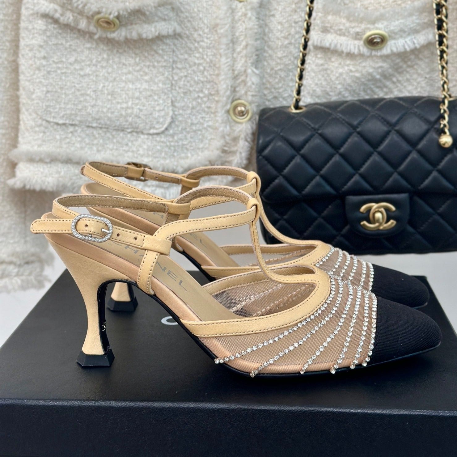 CHANEL Crystal Flat High Heel Sandals Beige Cream