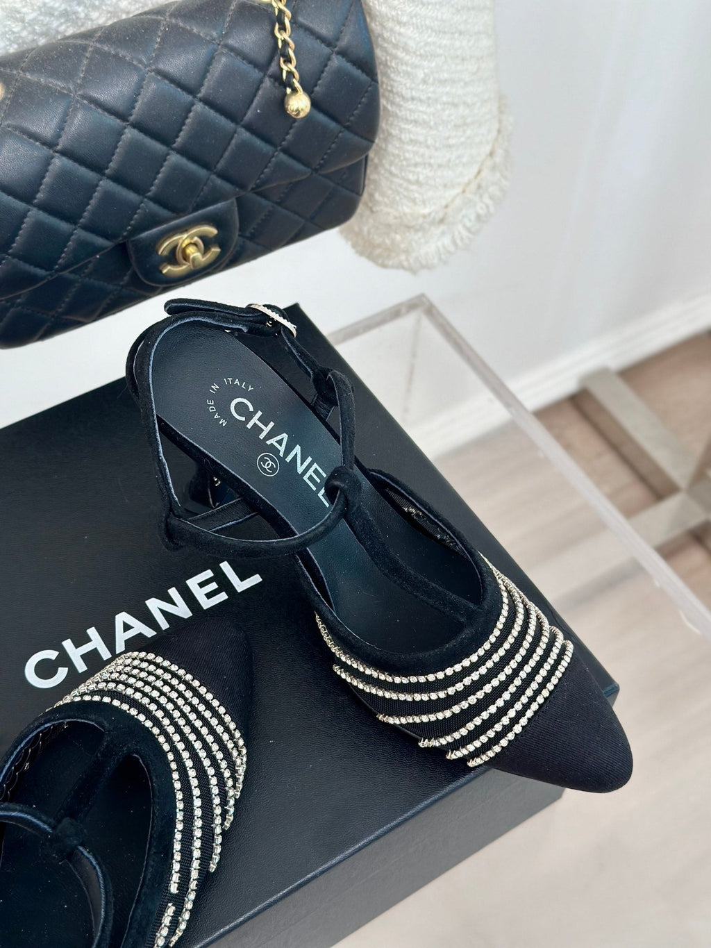 CHANEL Crystal Flat High Heel Sandals Black