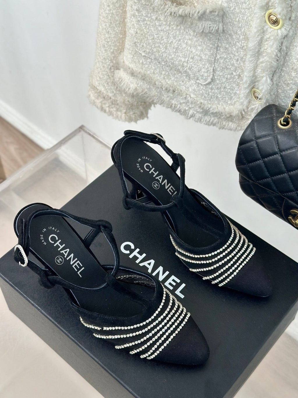 CHANEL Crystal Flat High Heel Sandals Black