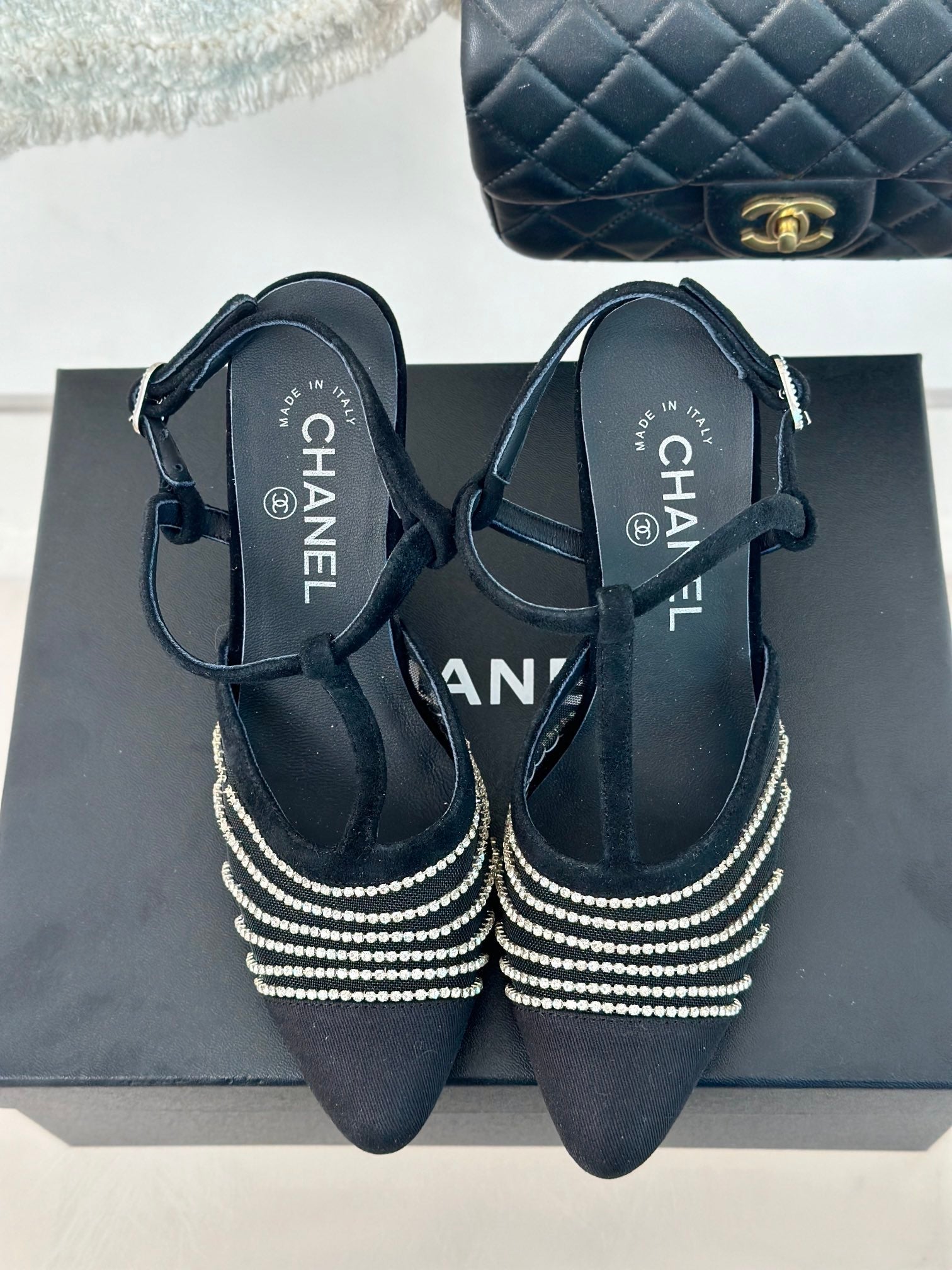 CHANEL Crystal Flat High Heel Sandals Black