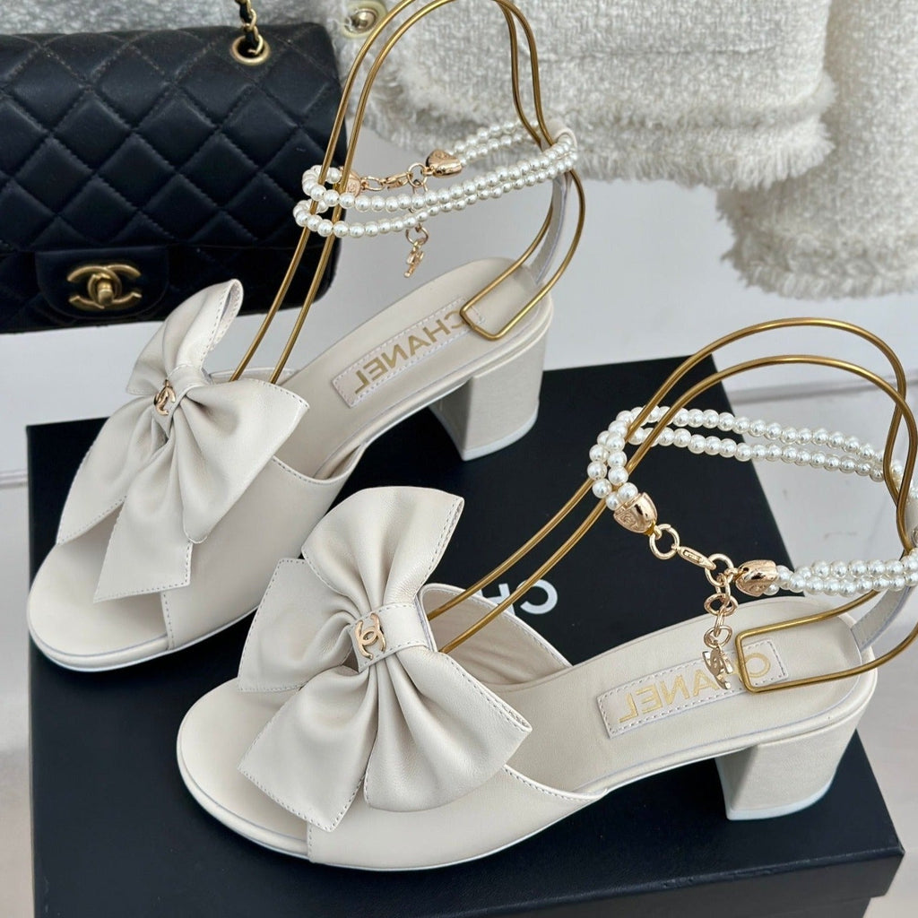 CHANEL Double C Big Bow Pearl Chain High Sandals White Lambskin