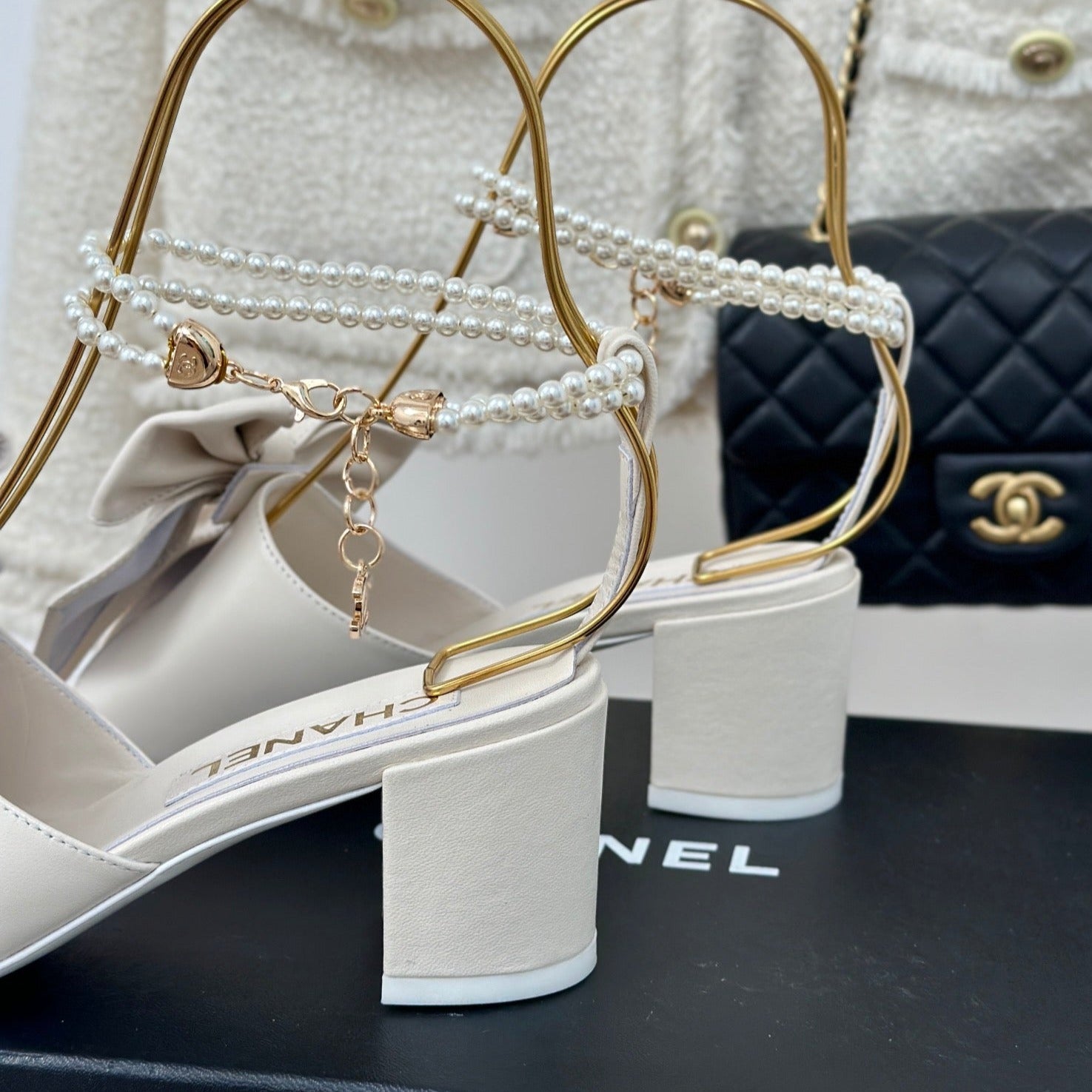 CHANEL Double C Big Bow Pearl Chain High Sandals White Lambskin