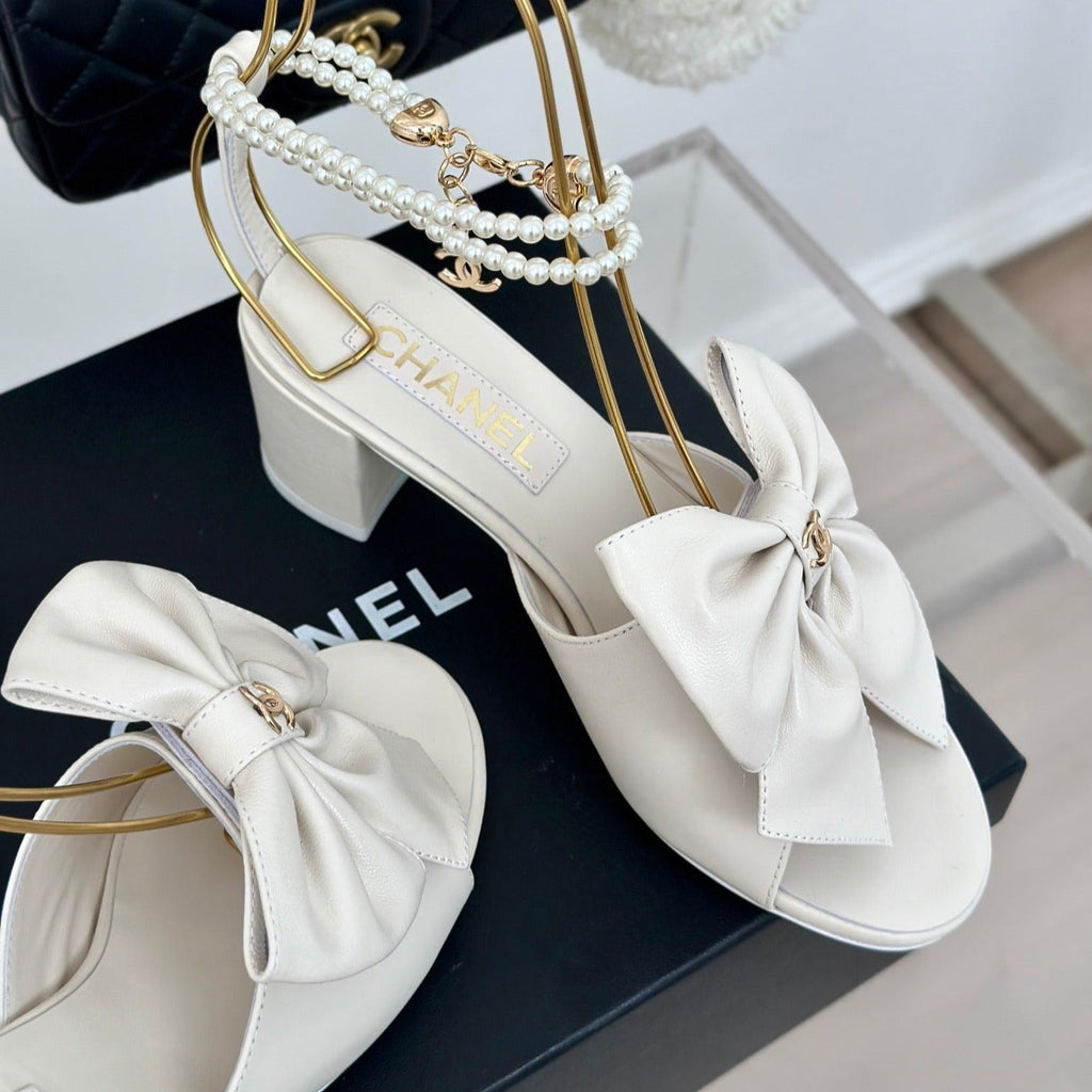 CHANEL Double C Big Bow Pearl Chain High Sandals White Lambskin