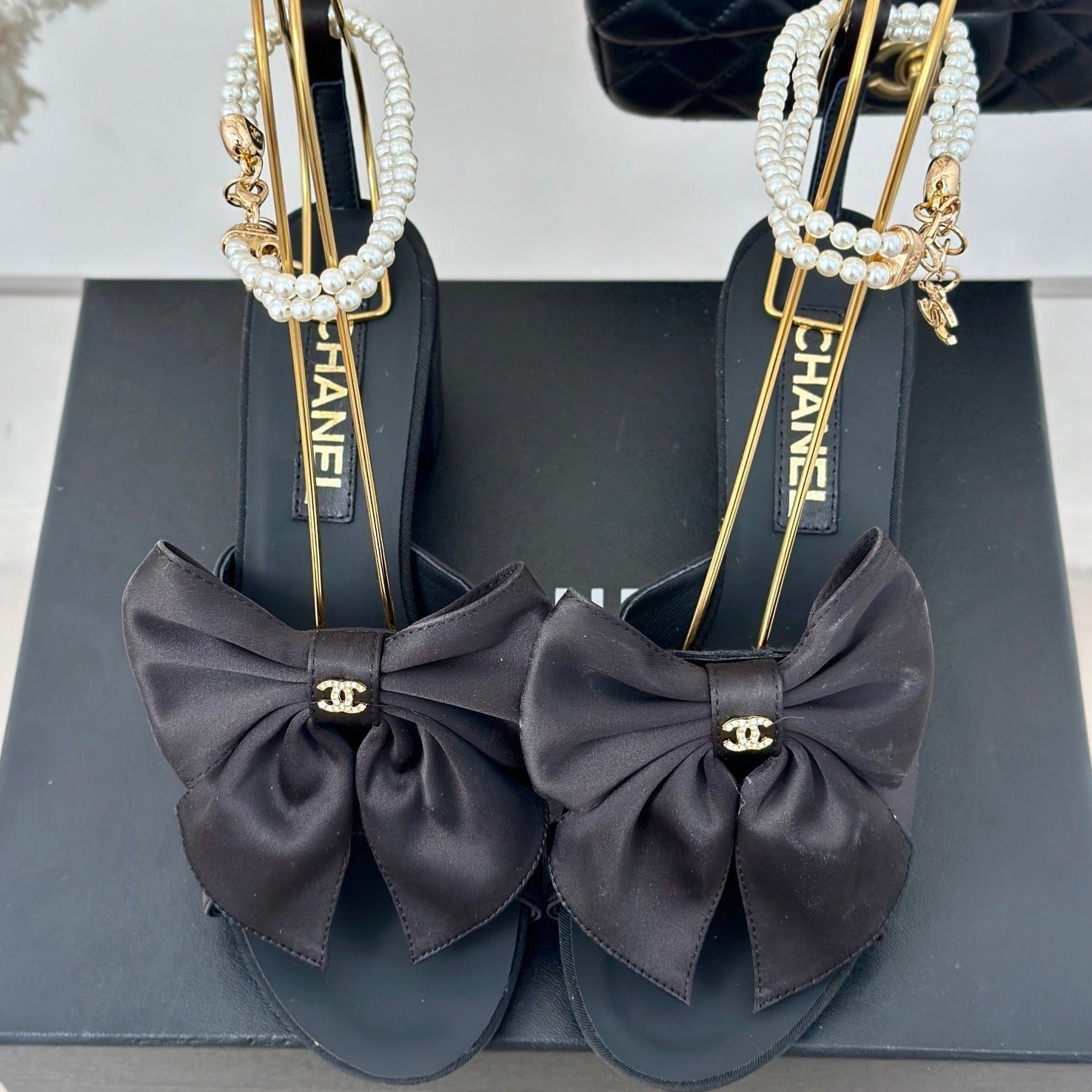 CHANEL Double C Big Bow Pearl Chain High Sandals Black Lambskin