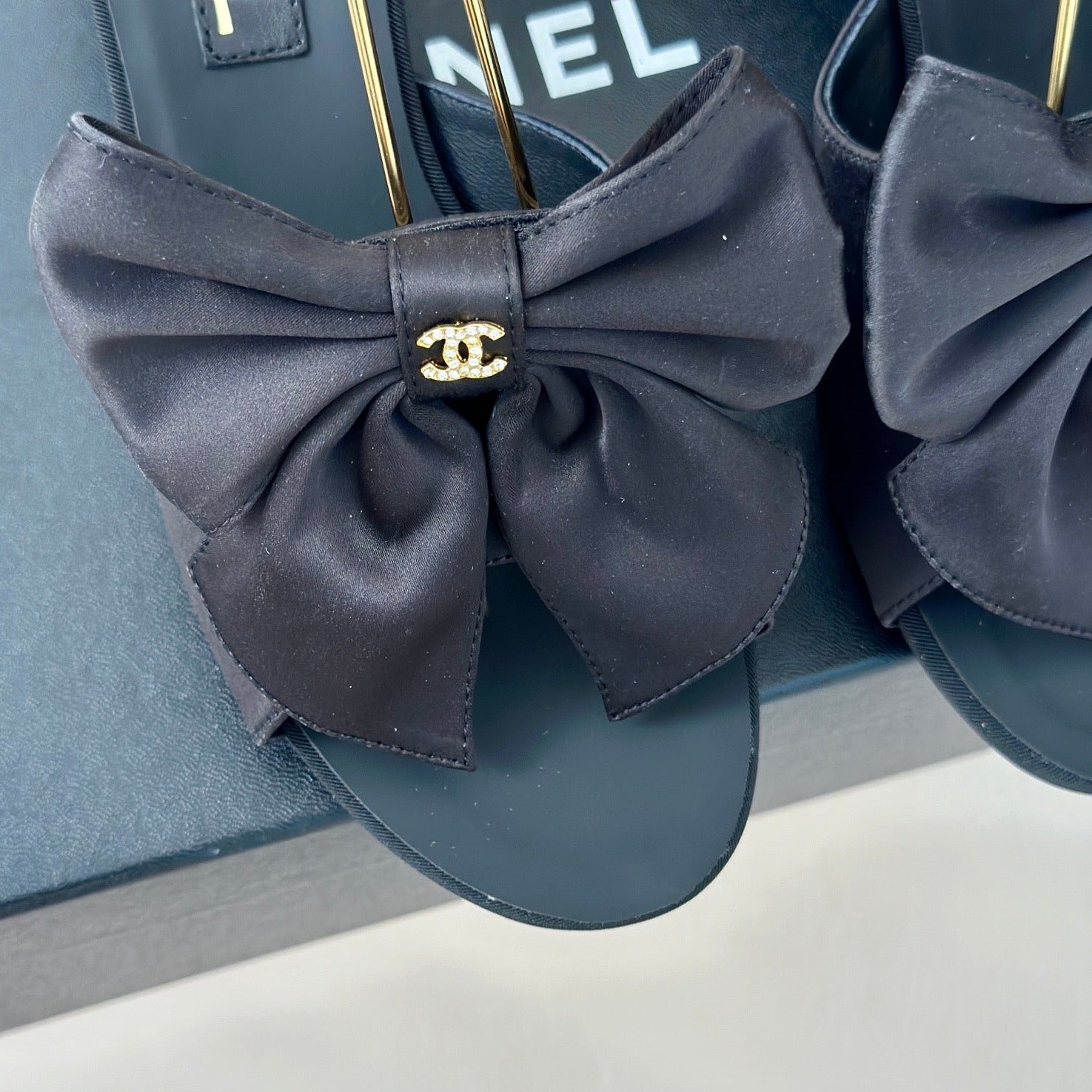 CHANEL Double C Big Bow Pearl Chain High Sandals Black Lambskin