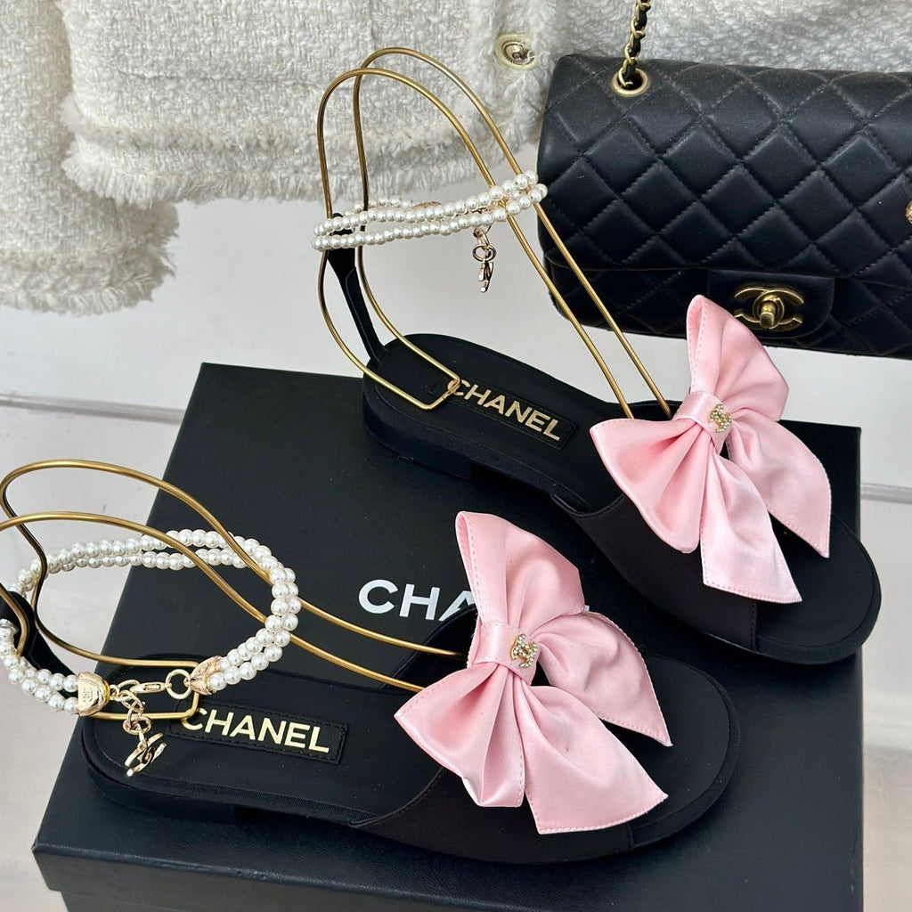 CHANEL Double C Big Bow Pearl Chain Sandals Light Pink Black Lambskin