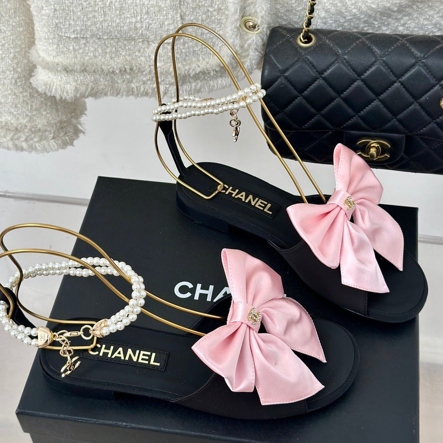 CHANEL Double C Big Bow Pearl Chain Sandals Light Pink Black Lambskin