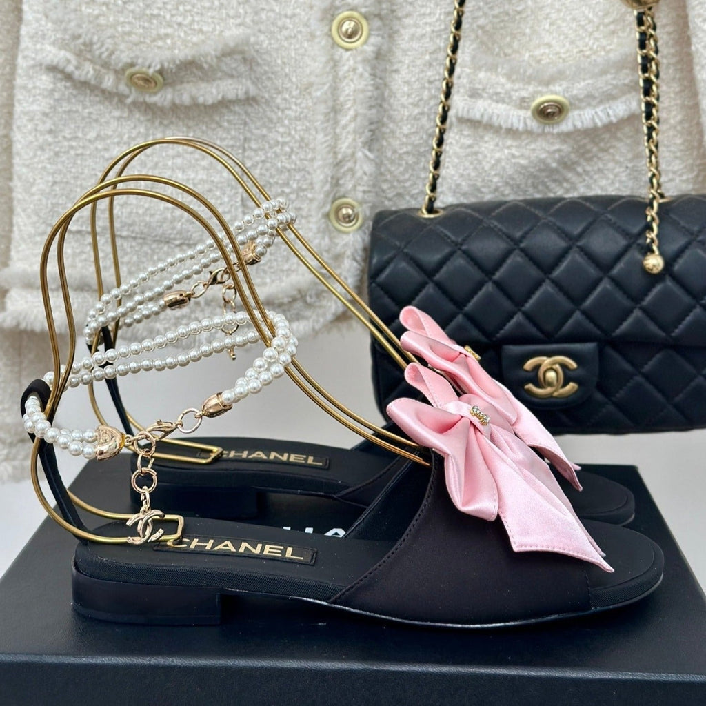 CHANEL Double C Big Bow Pearl Chain Sandals Light Pink Black Lambskin